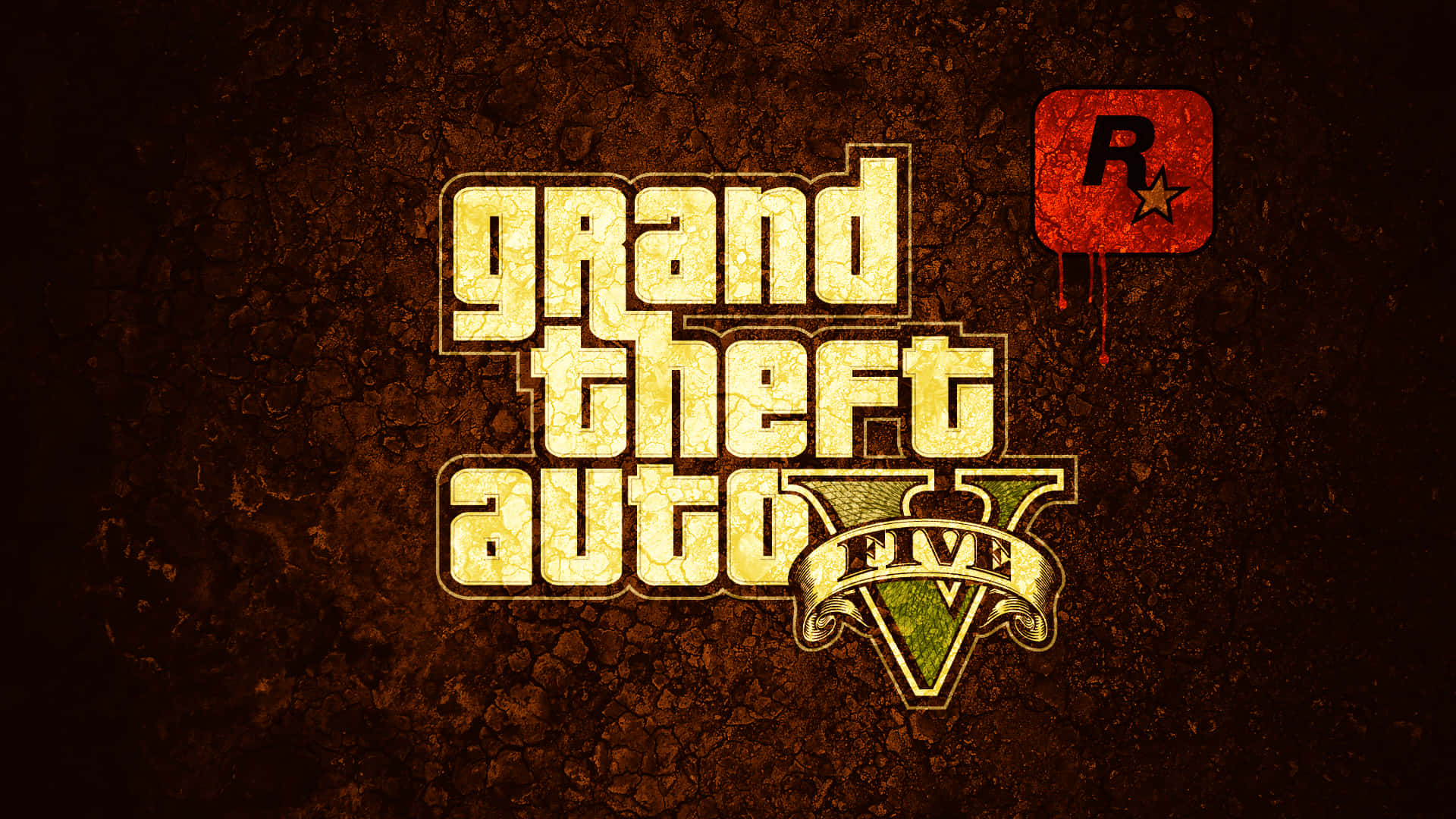 《GTA 5》皮革紋理背景 壁紙 — Grand Theft Auto V 標誌以破裂的黃色文字在粗糙的棕色紋理背景上發光，並帶有 Rockstar Games 標誌。