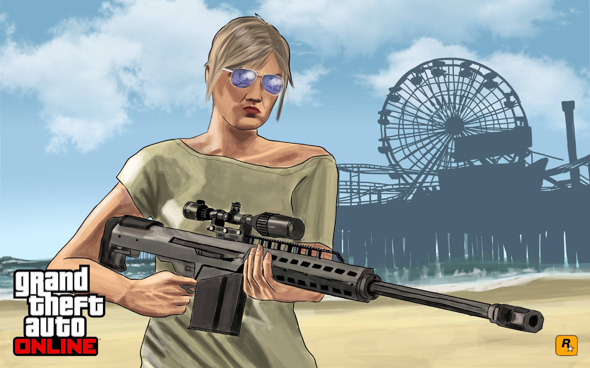 GTA Online角色在摩天輪附近的海灘上手持狙擊步槍。