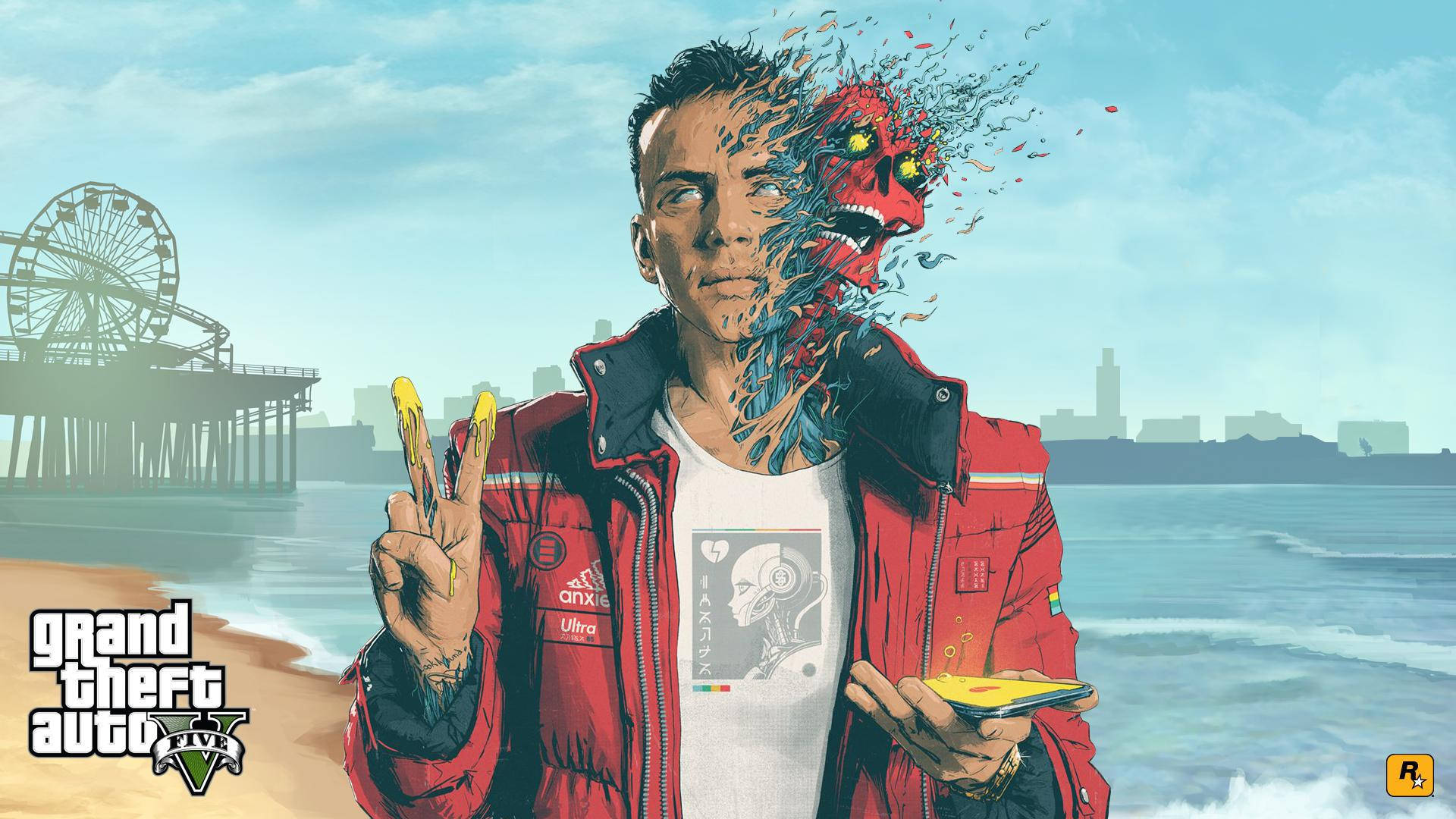 半邊臉溶解成惡魔的男人在碼頭附近的沙灘上拿著三文治。