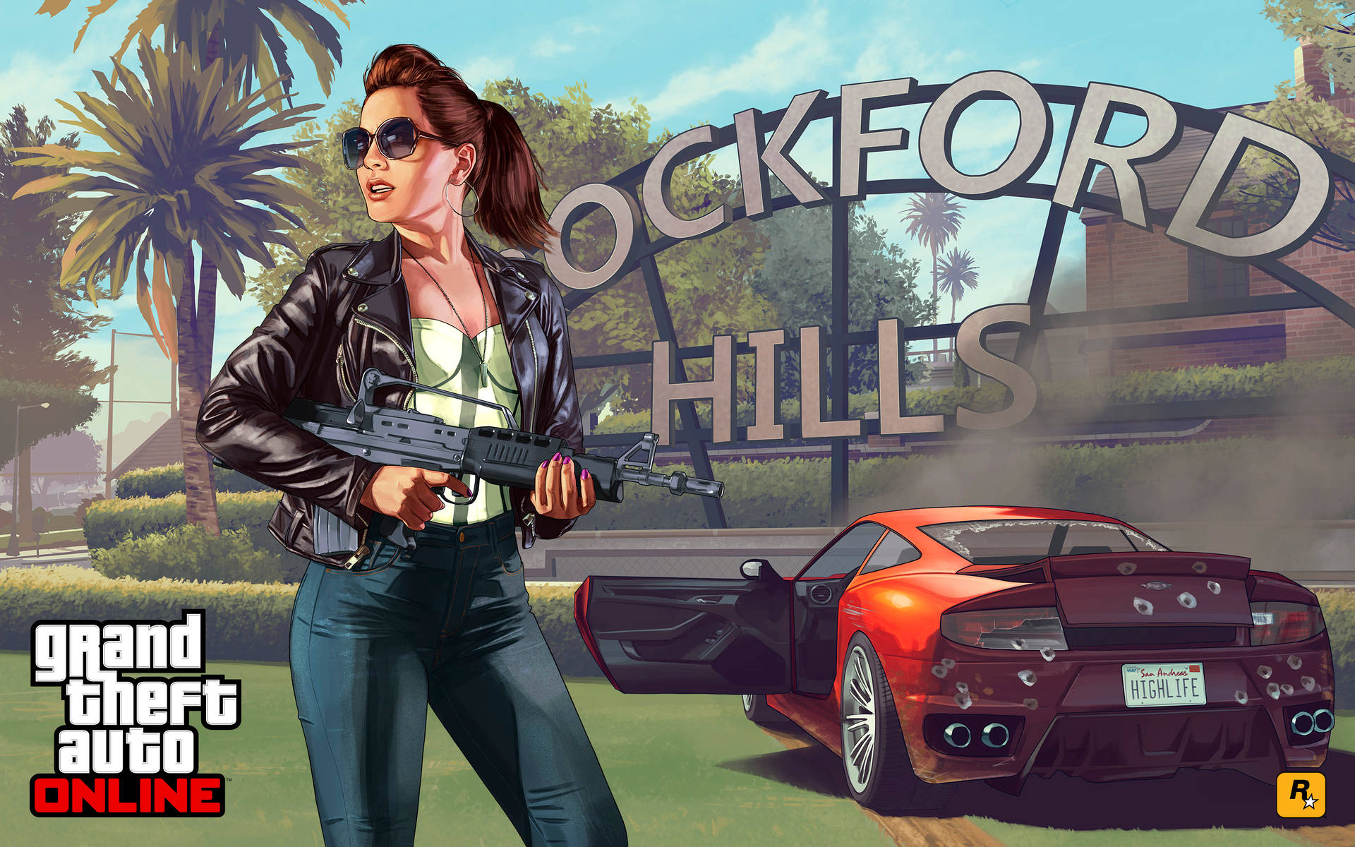 喺Rockford Hills遊戲場景中，一個女人揸住步槍喺損壞嘅紅色跑車旁邊。