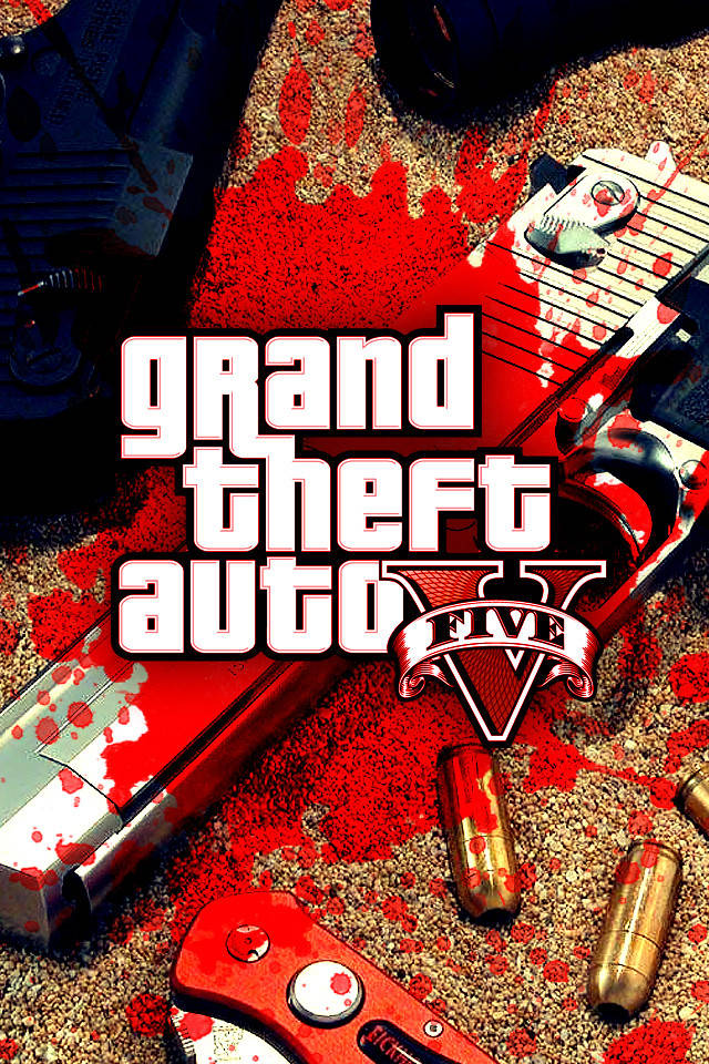 礫石上沾滿血跡的武器和彈殼，帶有 Grand Theft Auto V 標誌。