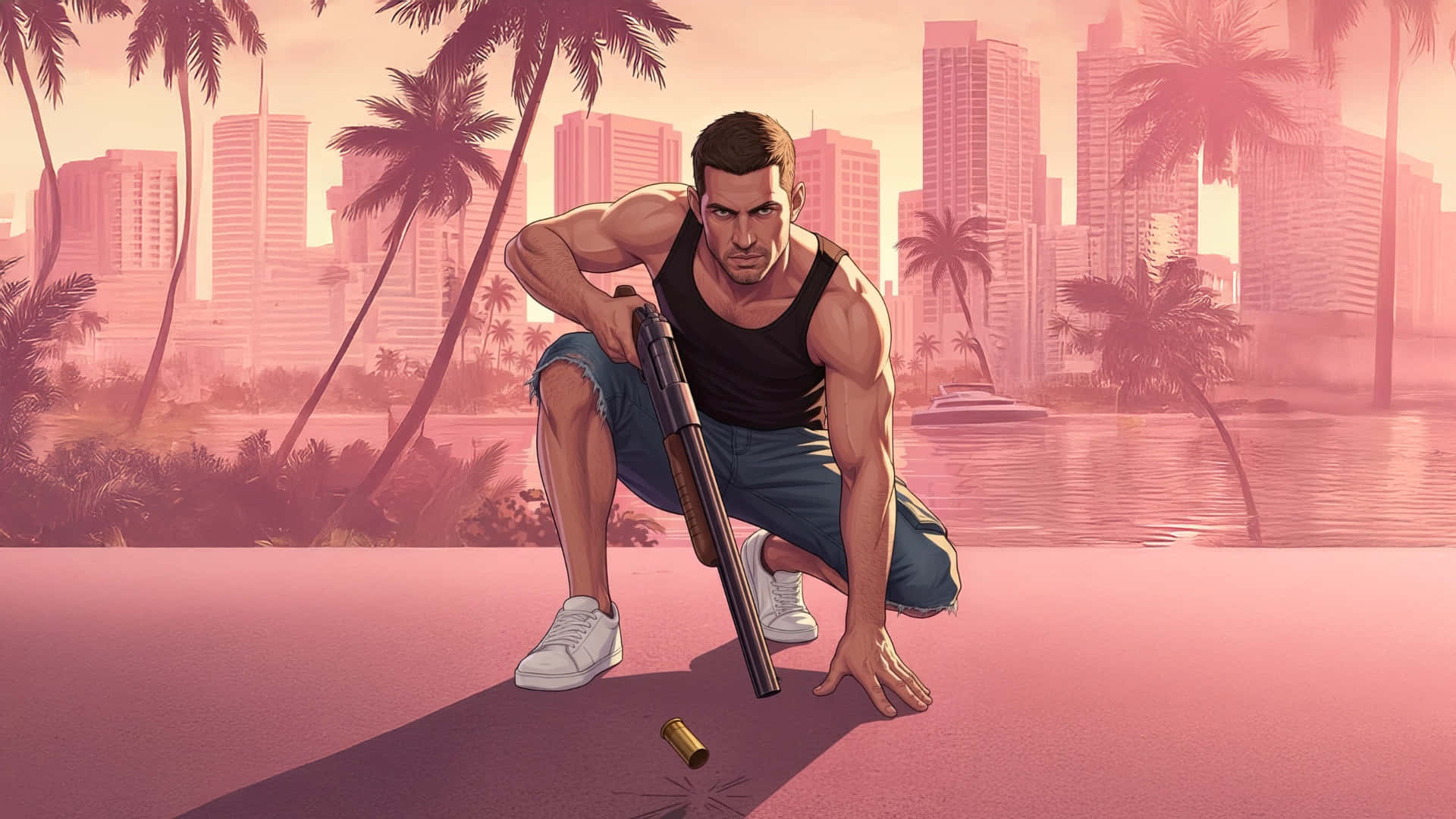 GTA 6 角色揭曉 壁紙 — 一個肌肉男蹲著拿著霰彈槍，背景是粉紅色的邁阿密天際線，有棕櫚樹和水。