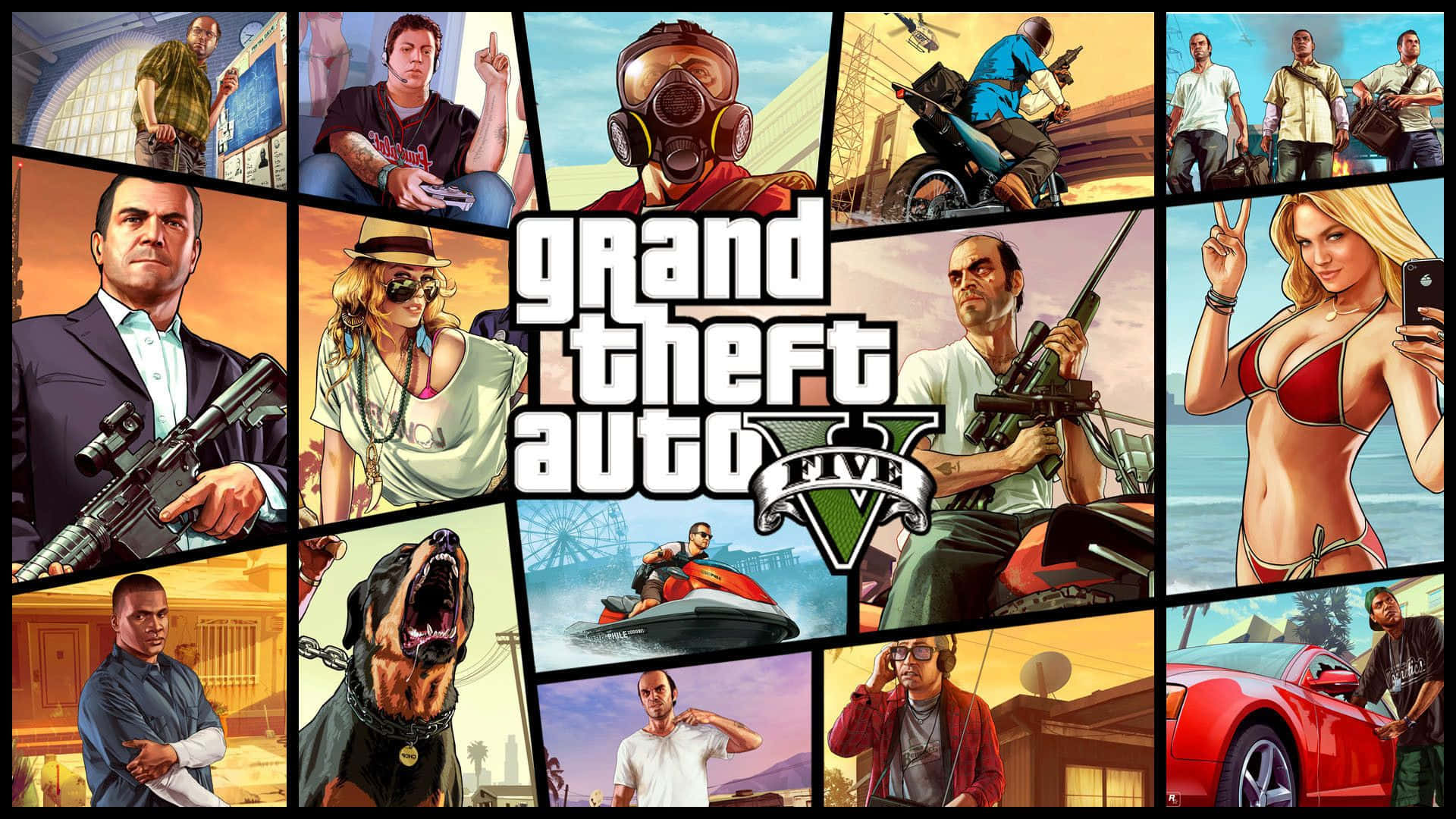 GTA 背景：GTA 五的載入畫面 壁紙 — 一幅充滿活力的《俠盜獵車手V》角色與場景拼貼畫，包含槍械、汽車和防毒面具，以風格化的數位藝術呈現。