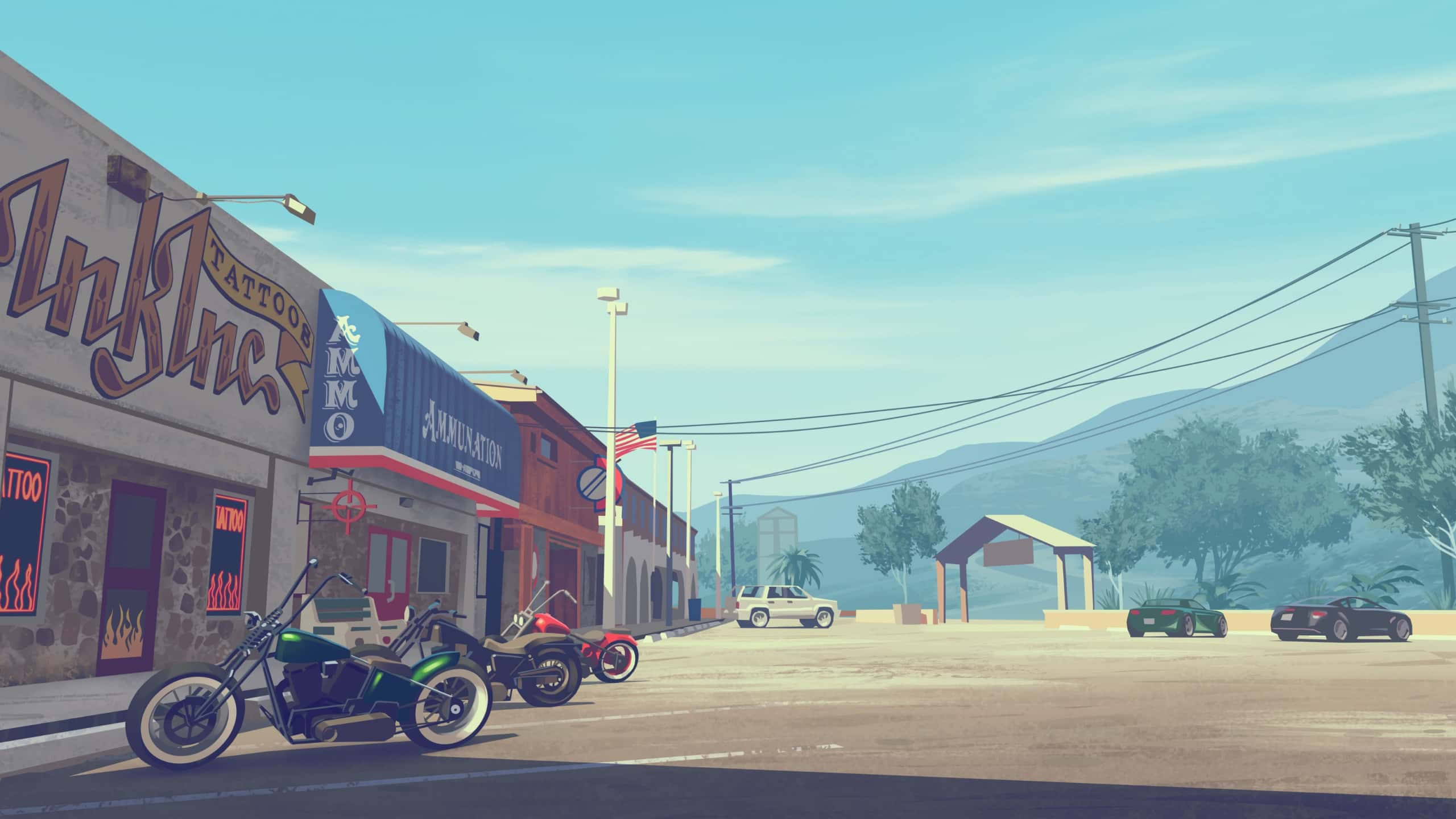 GTA 背景：GTA V 道路旁街區商店 壁紙 — 晴朗藍天下，一條風格化的城鎮街道，停著改裝電單車和經典汽車。