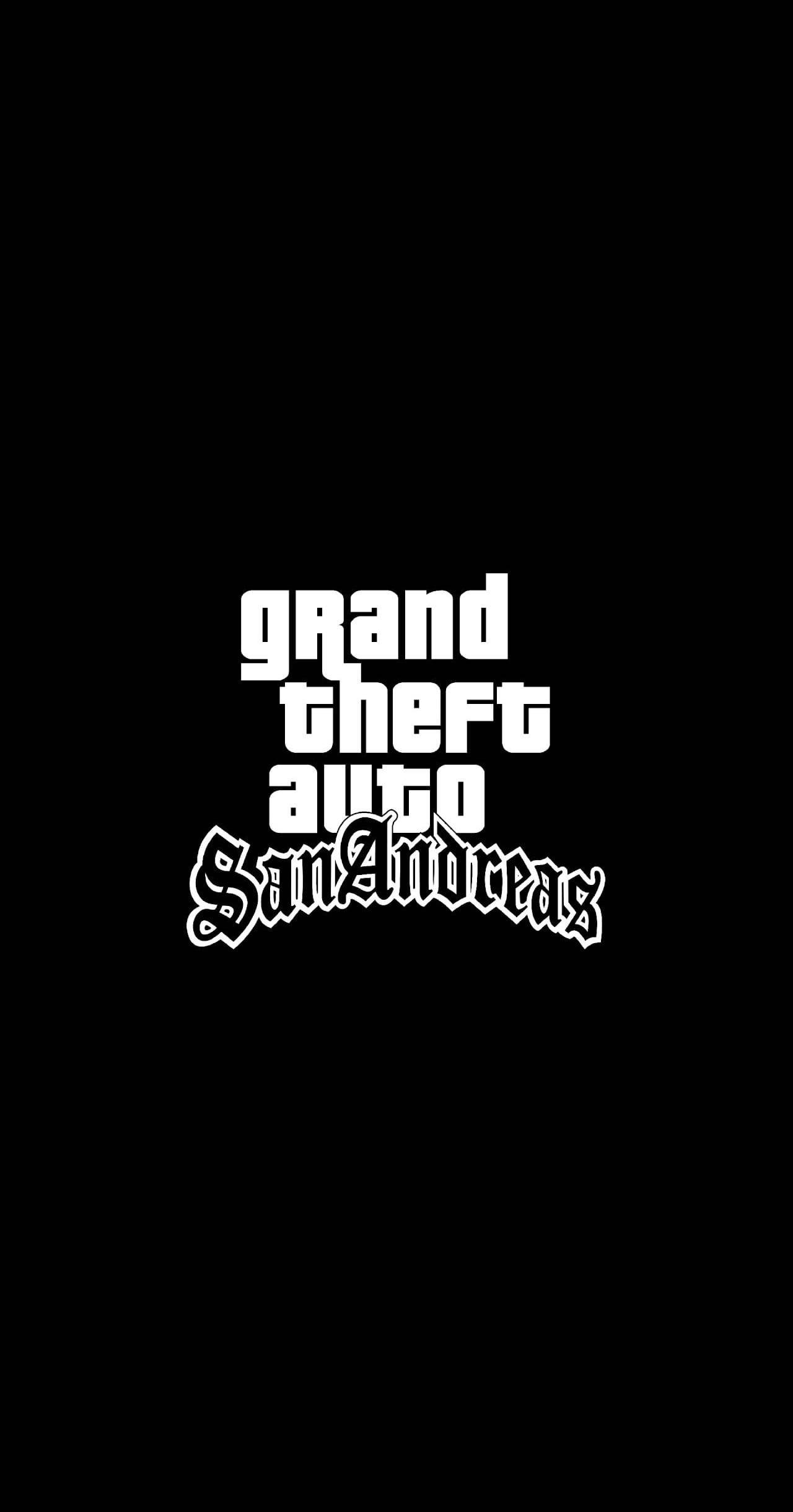 GTA iPhone 聖安地列斯標誌 壁紙 — 粗體白色文字在純黑色背景中央顯示 Grand Theft Auto San Andreas 標誌。