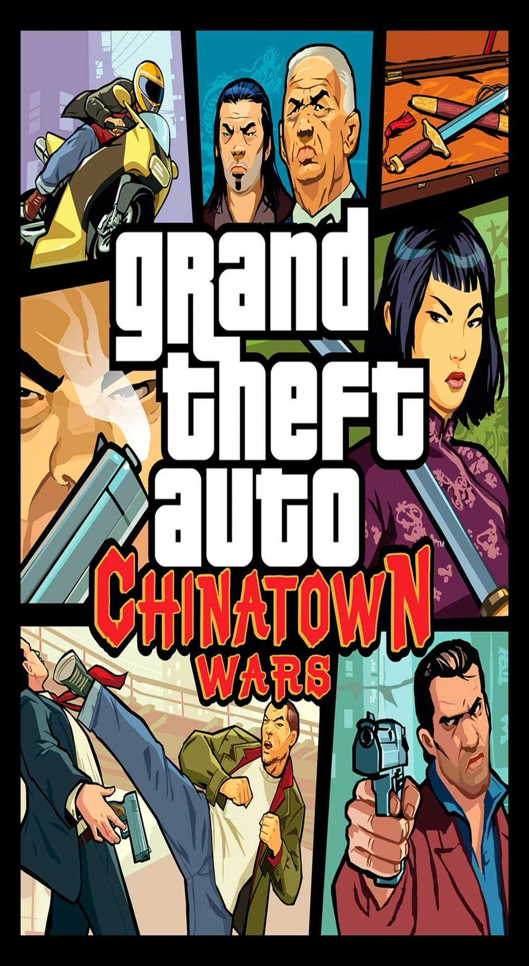 《Grand Theft Auto Chinatown Wars》遊戲封面，角色手持武器與電單車。