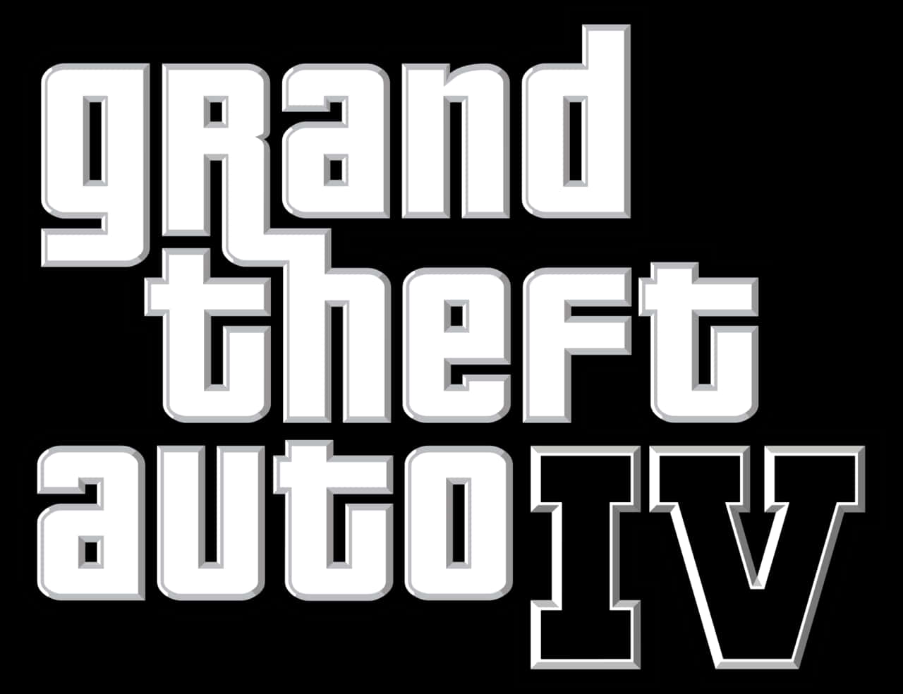 GTA IV 標誌 壁紙 — 在純黑色背景上，以粗體白色3D風格文字拼寫Grand Theft Auto IV。
