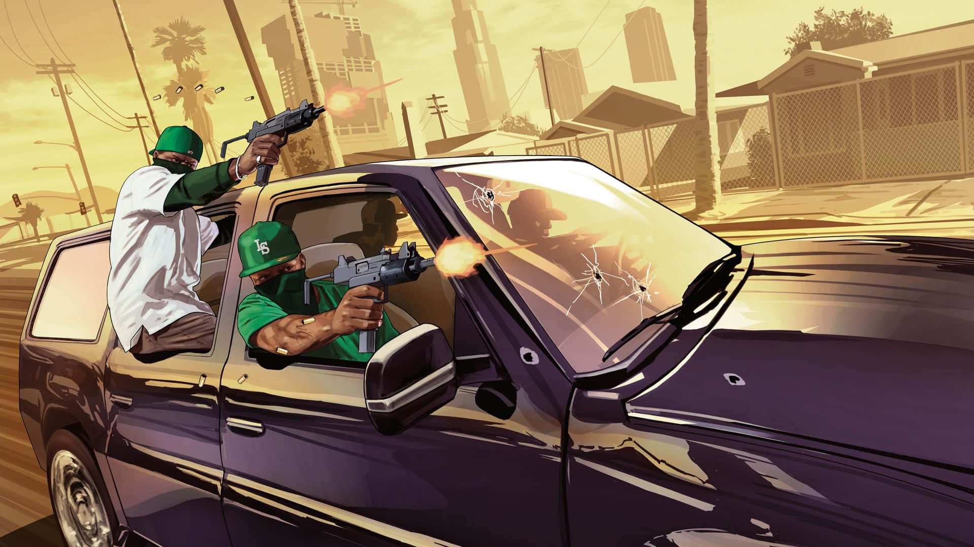 GTA IV PC - 犯罪集團駕車持械 壁紙 — 兩名戴綠色帽嘅武裝男子喺陽光照耀嘅城市街道上，從一架紫色SUV穿過破裂嘅擋風玻璃開槍。
