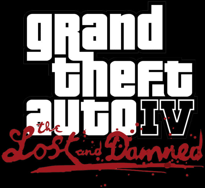 GTA IV：失落與受傷標誌 壁紙 — 喺黑色背景上帶有血濺效果嘅 Grand Theft Auto IV The Lost and Damned 大膽白色同紅色文字。