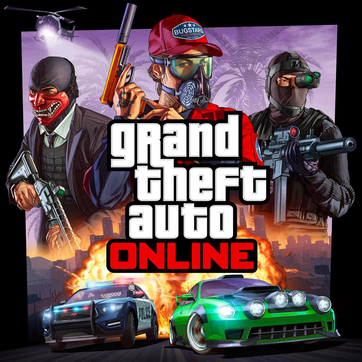 GTA Online 賽車場景 壁紙 — 三名戴面具的持槍男子站在燃燒的城市景觀上方，下方有一輛警車和一輛綠色跑車。