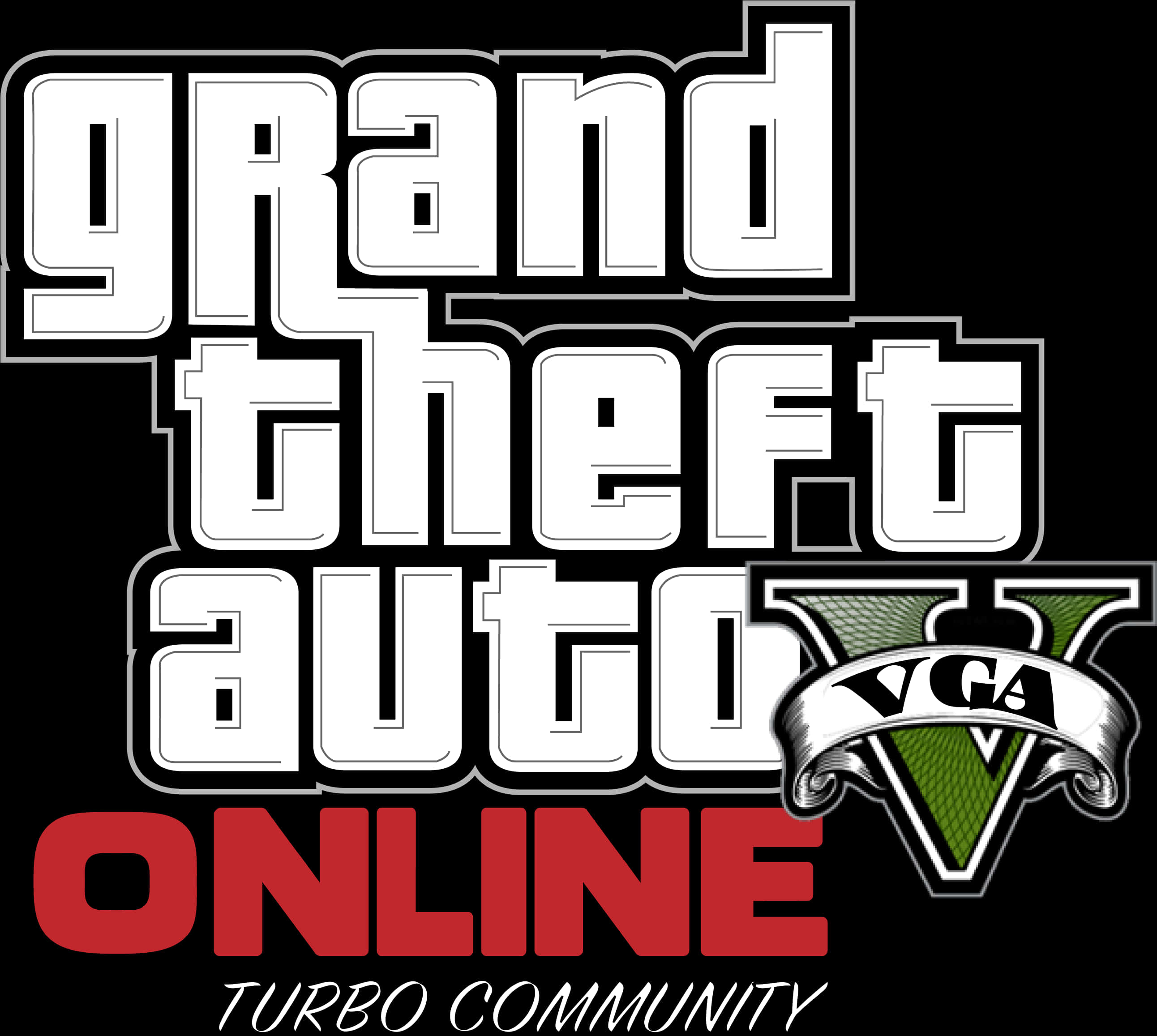 GTA Online Turbo社群標誌 壁紙 — Grand Theft Auto V Online 的粗體白色和紅色文字標誌，黑色背景上帶有綠色 V 標誌。