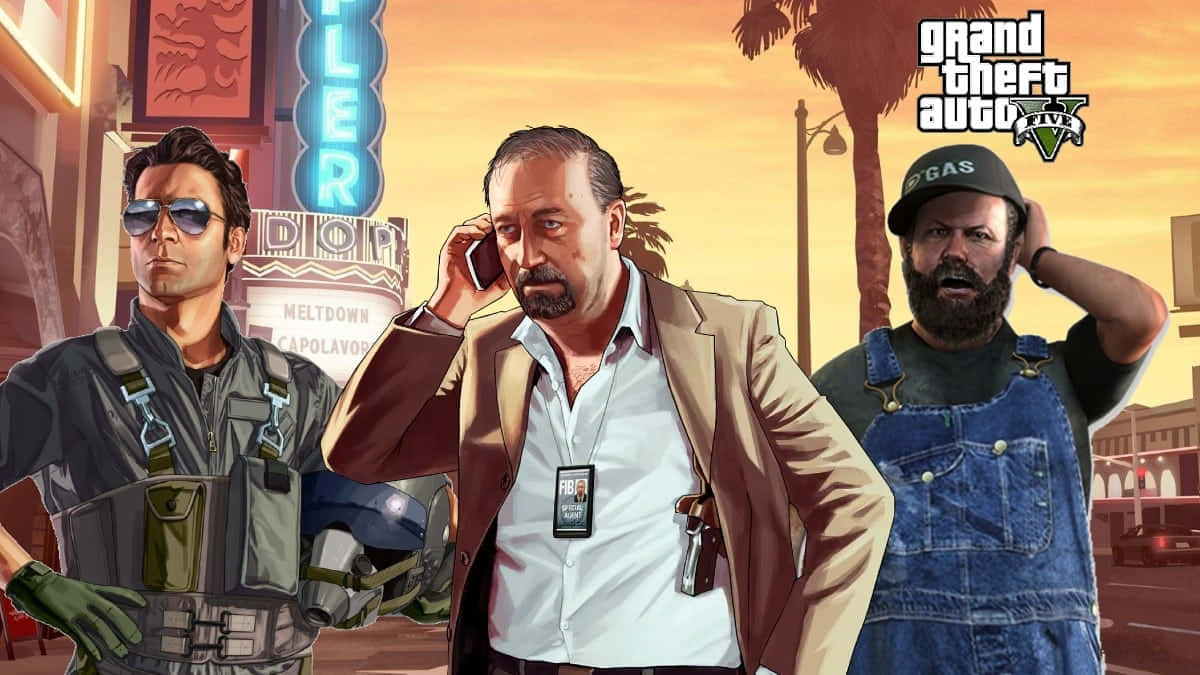 三個GTA V角色在日落時分的城市街道上，有棕櫚樹和霓虹燈招牌。