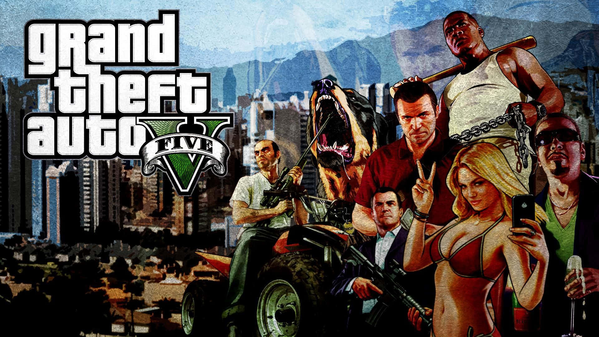 《Grand Theft Auto V》遊戲封面，包含主要角色和城市景觀。