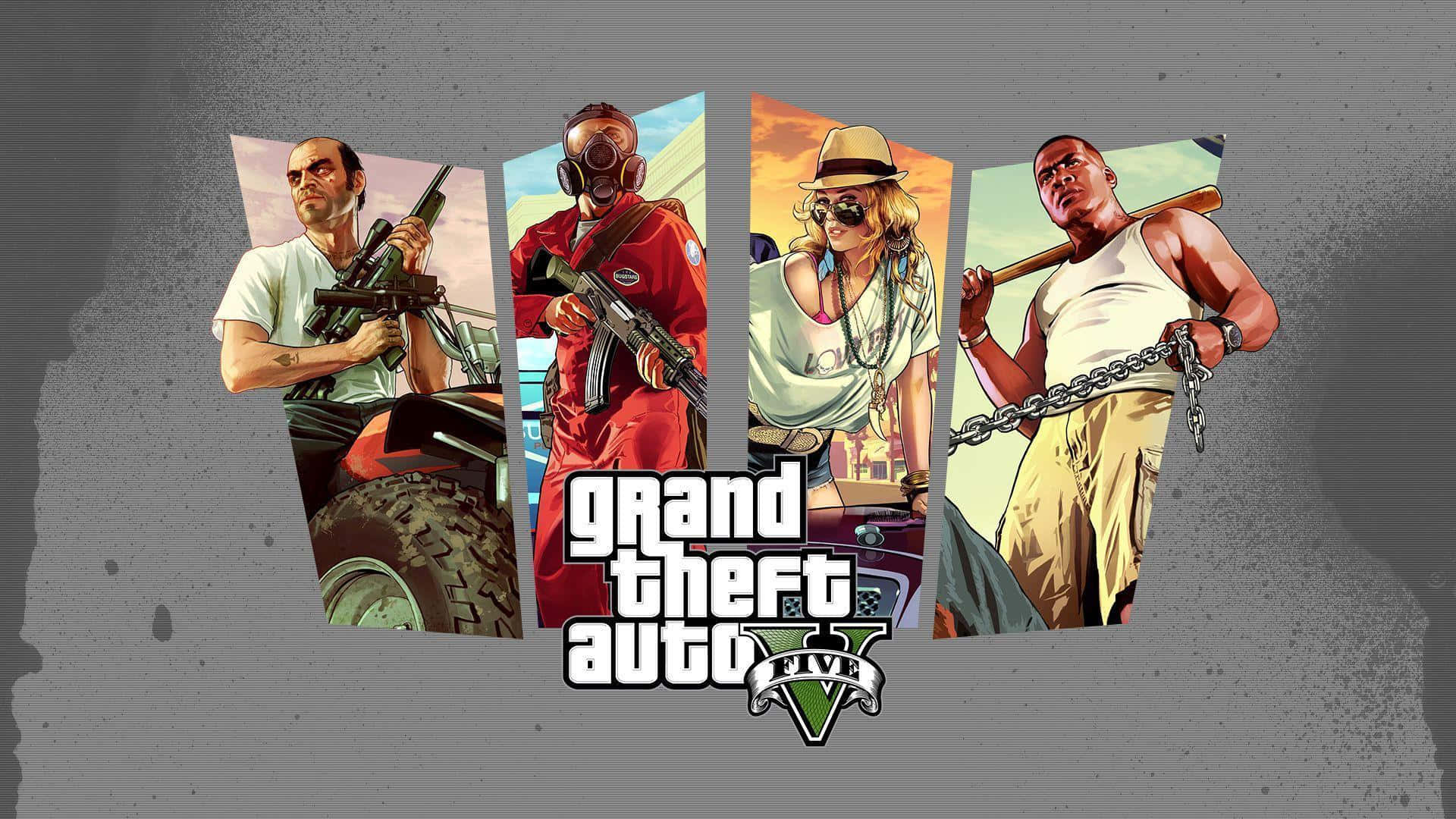 四個GTA V角色在插圖面板中手持武器。