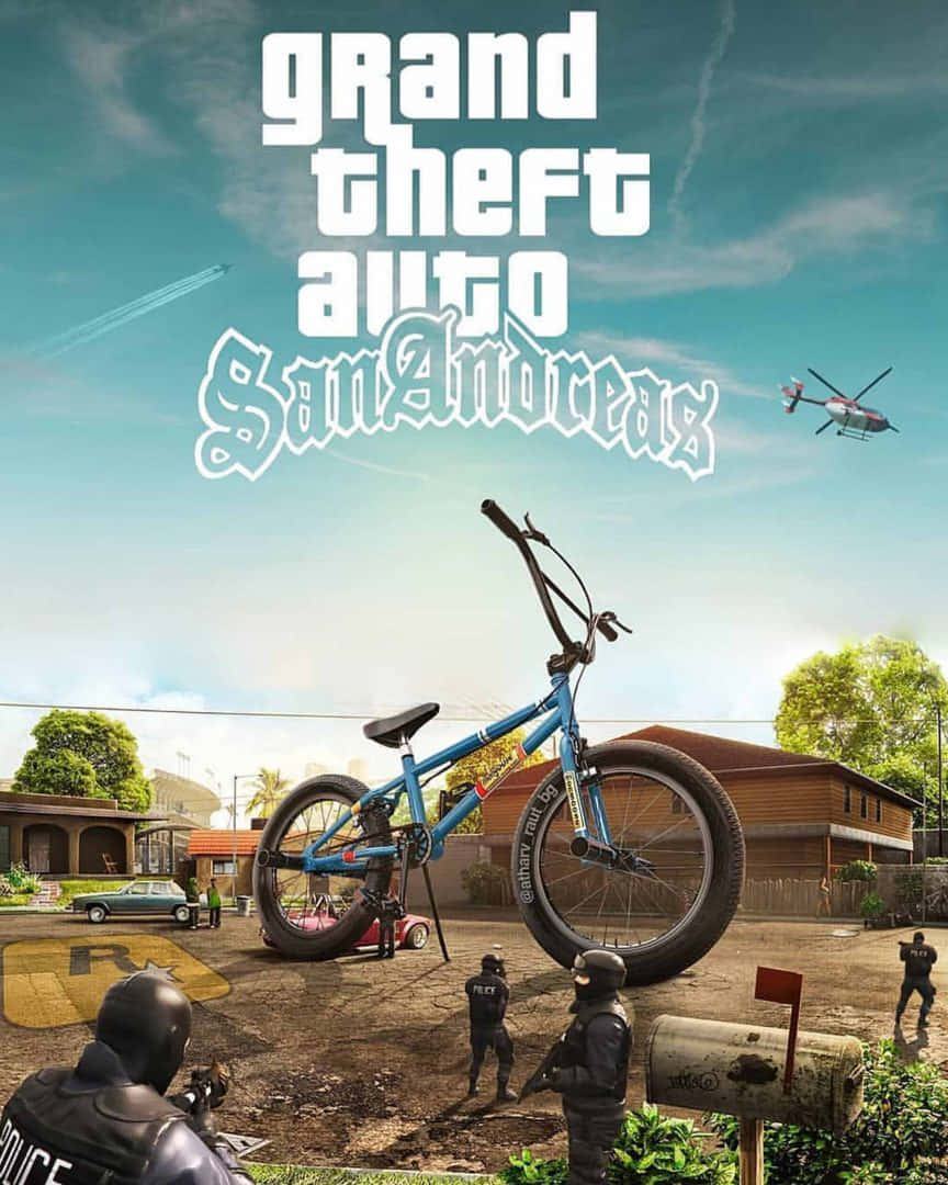 GTA San Andreas 大型 BMX 自行車背景 壁紙 — 一輛巨大的藍色BMX單車主宰著一條郊區街道，警察在晴朗的天空下與它對峙，頭頂有直升機飛過。