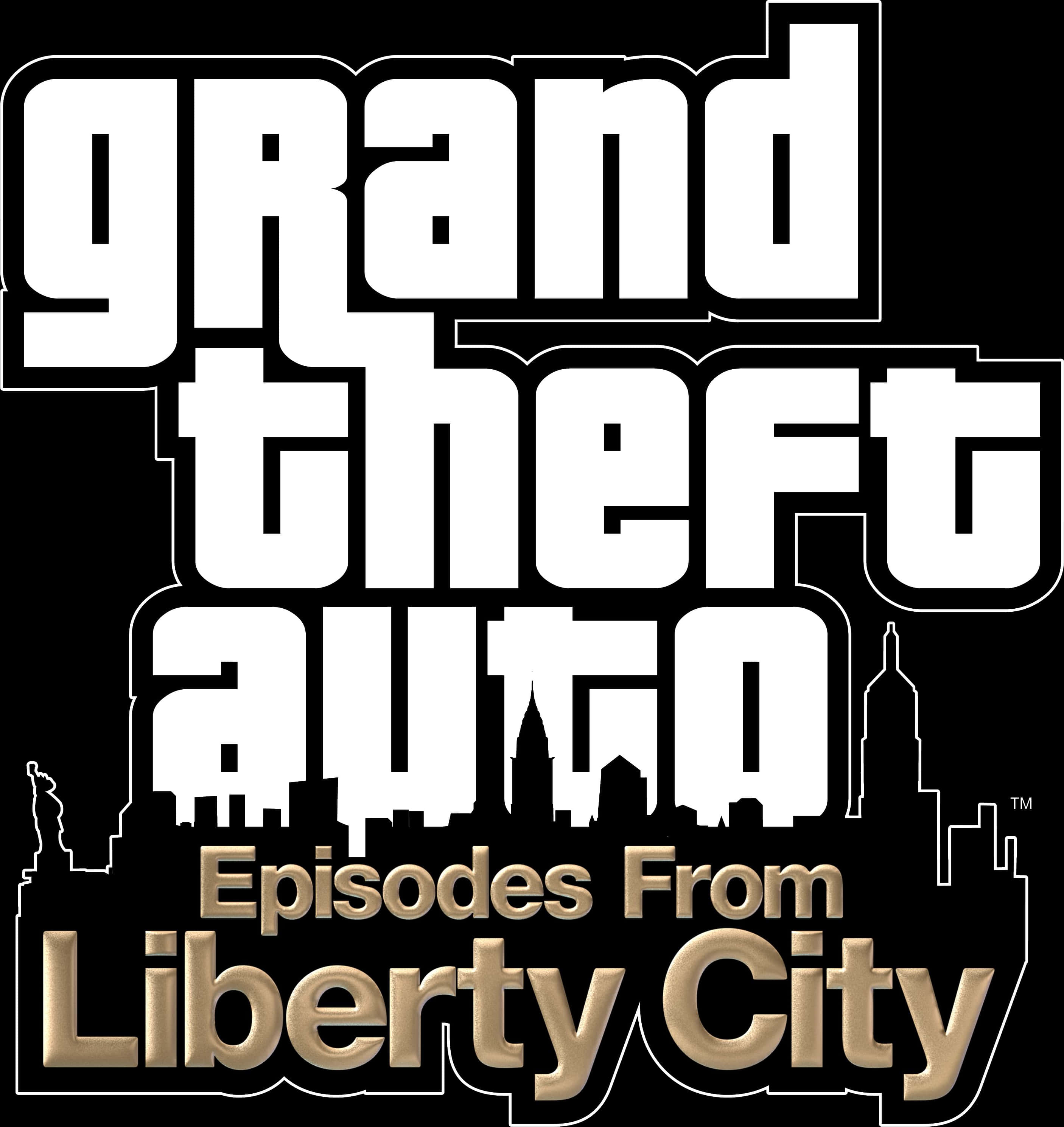 GTA：自由城傳說標誌 壁紙 — 粗體白色風格文字寫著「Grand Theft Auto Episodes From Liberty City」，背景為黑色，搭配金色金屬字體和城市天際線剪影。
