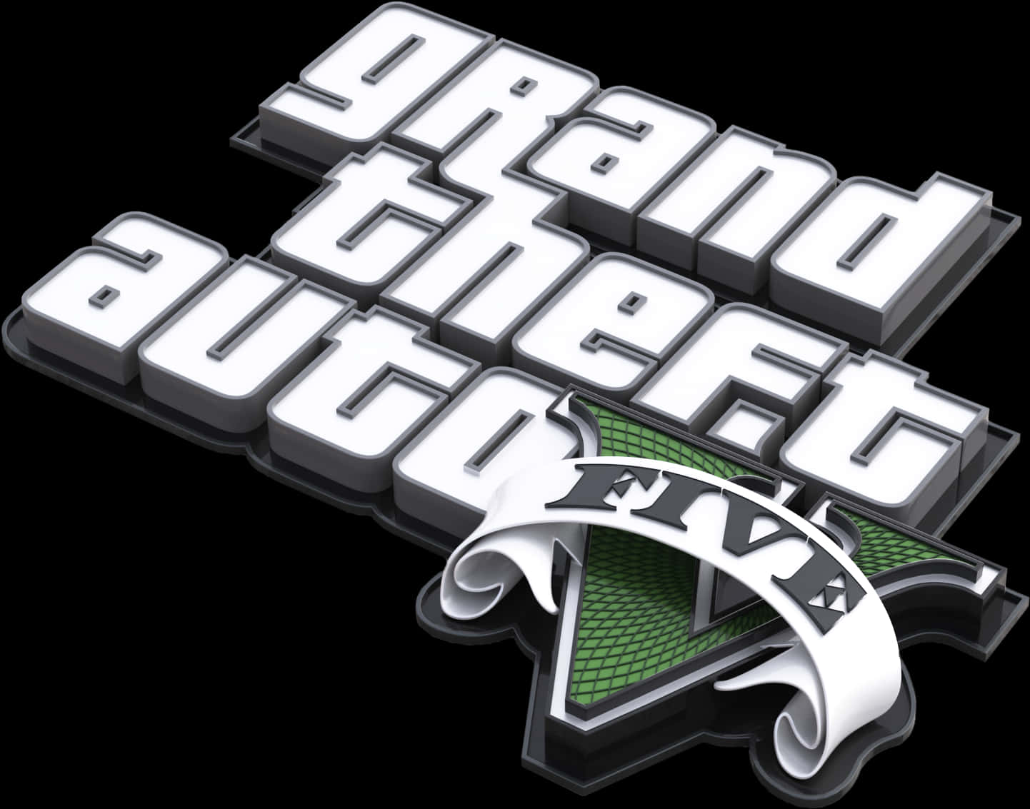 GTA V 3D 標誌 壁紙 — Grand Theft Auto V 標誌以粗體3D白色字母搭配綠色紋理V標誌，置於黑色背景上。
