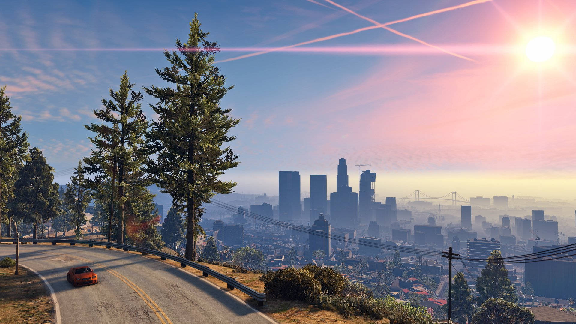 GTA V 山坡駕駛 壁紙 — 一輛紅色汽車沿著蜿蜒的山路行駛，俯瞰日出時分廣闊的城市天際線。