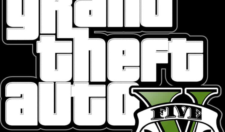 GTA V 標誌圖形 壁紙 — 大膽的白色塗鴉風格文字在純黑色背景上寫著「Grand Theft Auto V」，並帶有綠色 V 標誌。