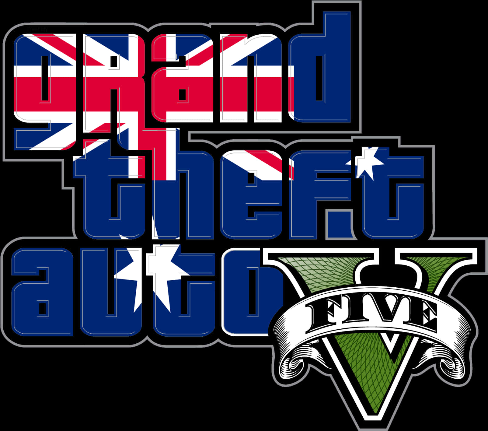 GTA V 標誌設計 壁紙 — Grand Theft Auto V 標誌，將英國和澳洲國旗融入黑色背景上的粗體藍色字體中。