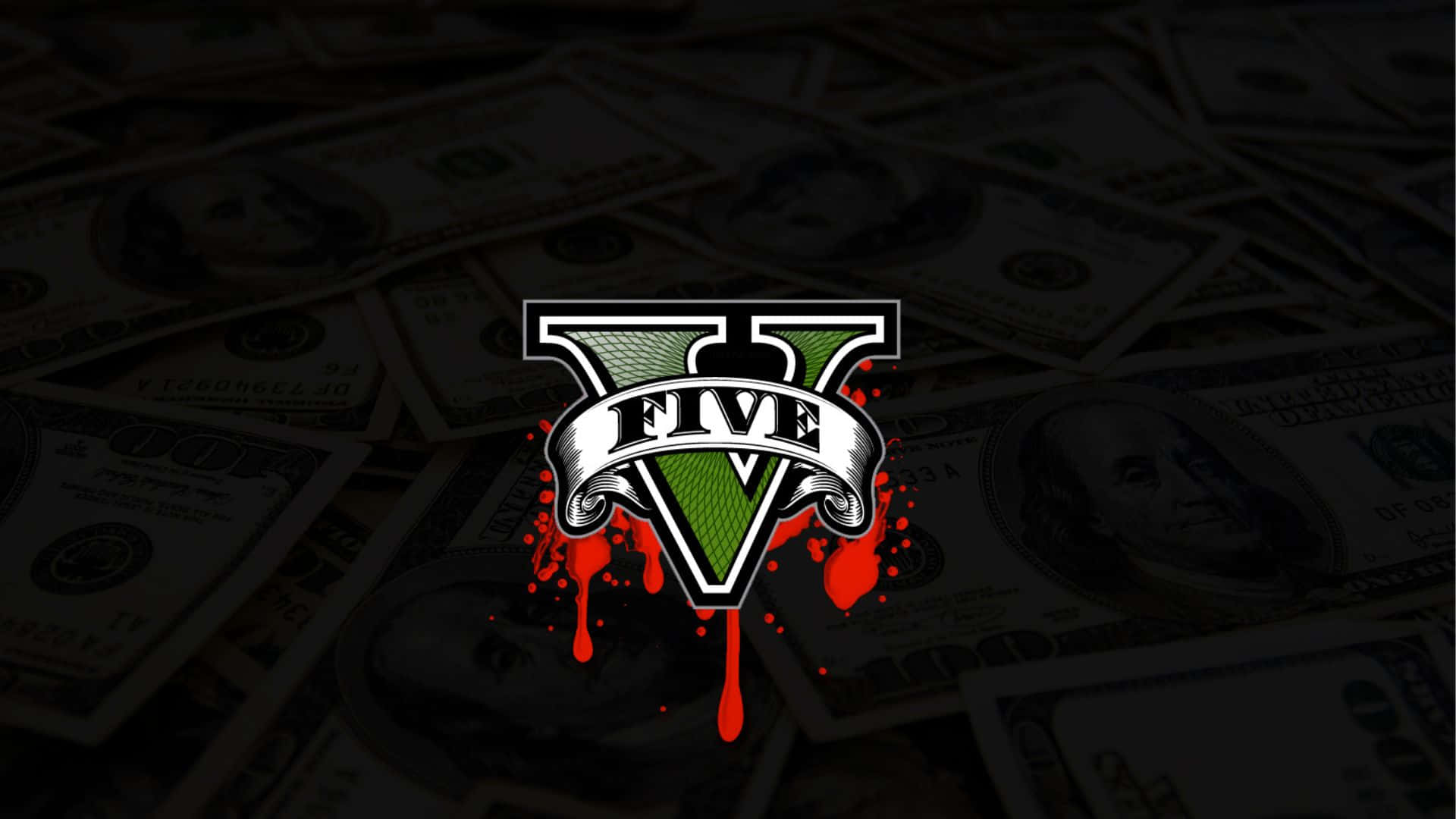 GTA V 標誌置於金錢堆疊之上 壁紙 — 一個大膽的綠色和白色「V Five」標誌，帶有紅色飛濺滴，居中在深色的一堆美國一百美元鈔票上。