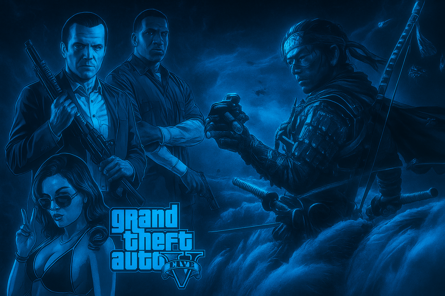 GTA V X 《對馬戰鬼》遊戲壁紙 壁紙 — 四個來自《Grand Theft Auto V》的角色站在風暴般的藍色燈光場景中，手持武器和手榴彈。