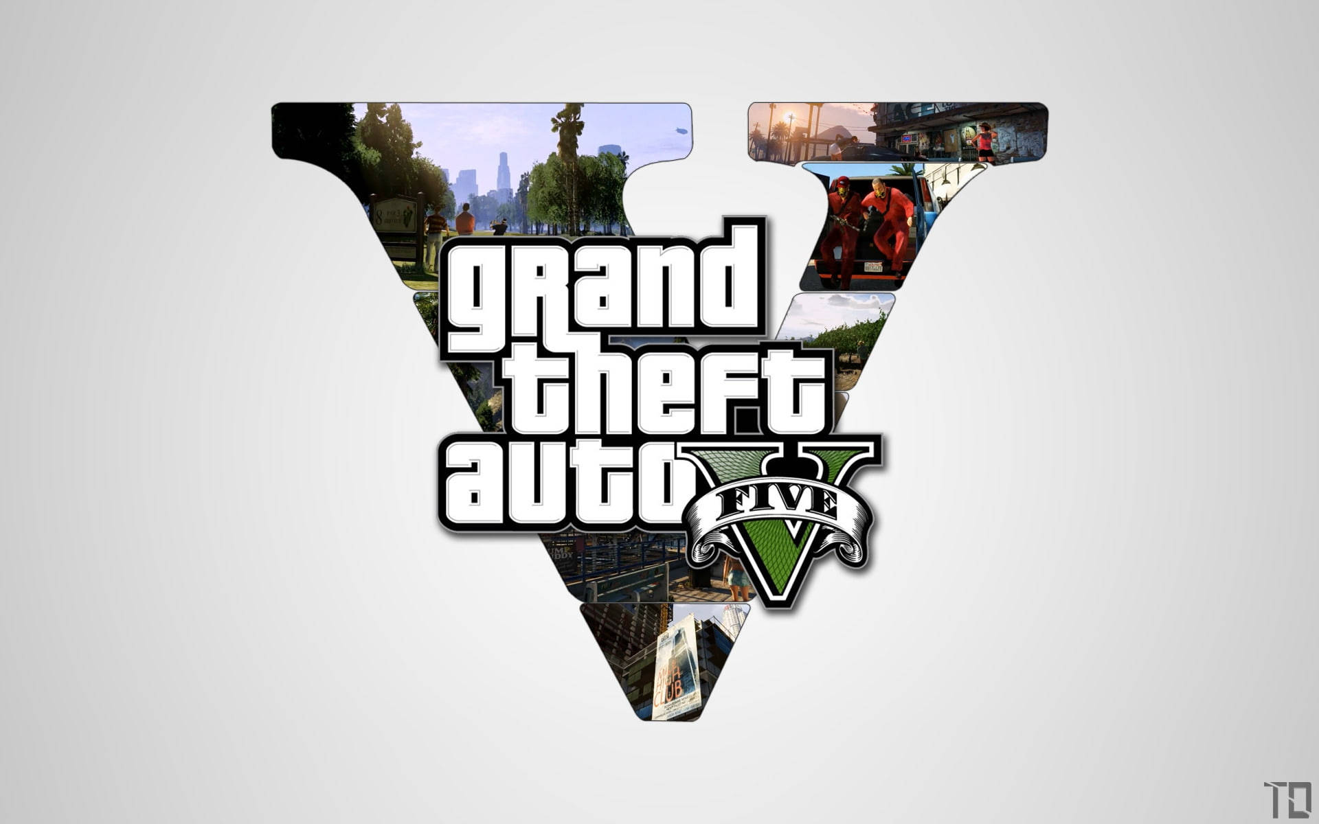 GTA V 字母V拼貼畫 壁紙 — Grand Theft Auto V 標誌，V 形內填滿城市景觀和動作場景，背景為淺灰色。