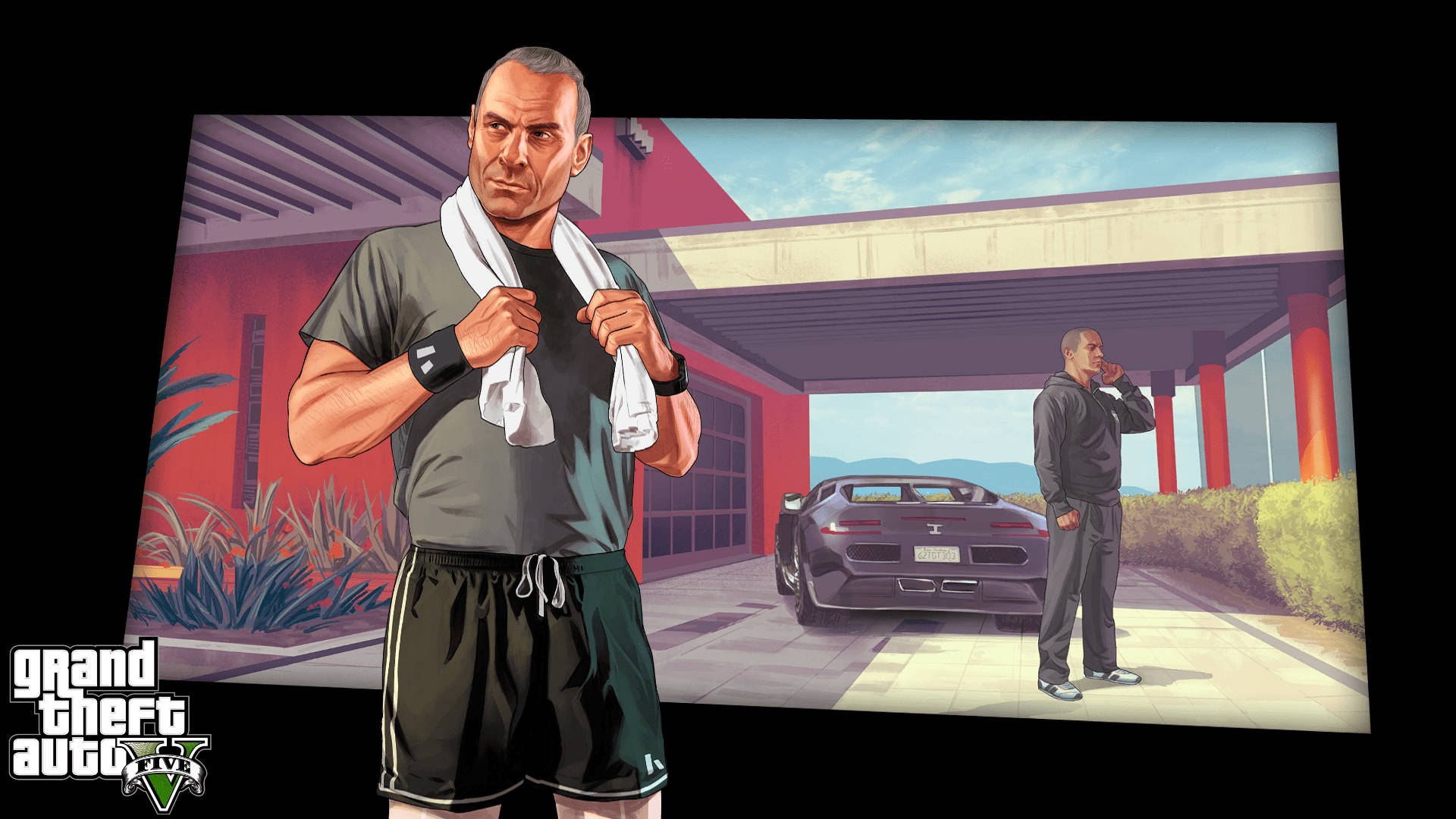GTA V 德文·韋斯頓 壁紙 — 一個肌肉發達的男人穿著運動服拿著毛巾，另一個男人站在現代紅色建築下的時尚跑車旁。