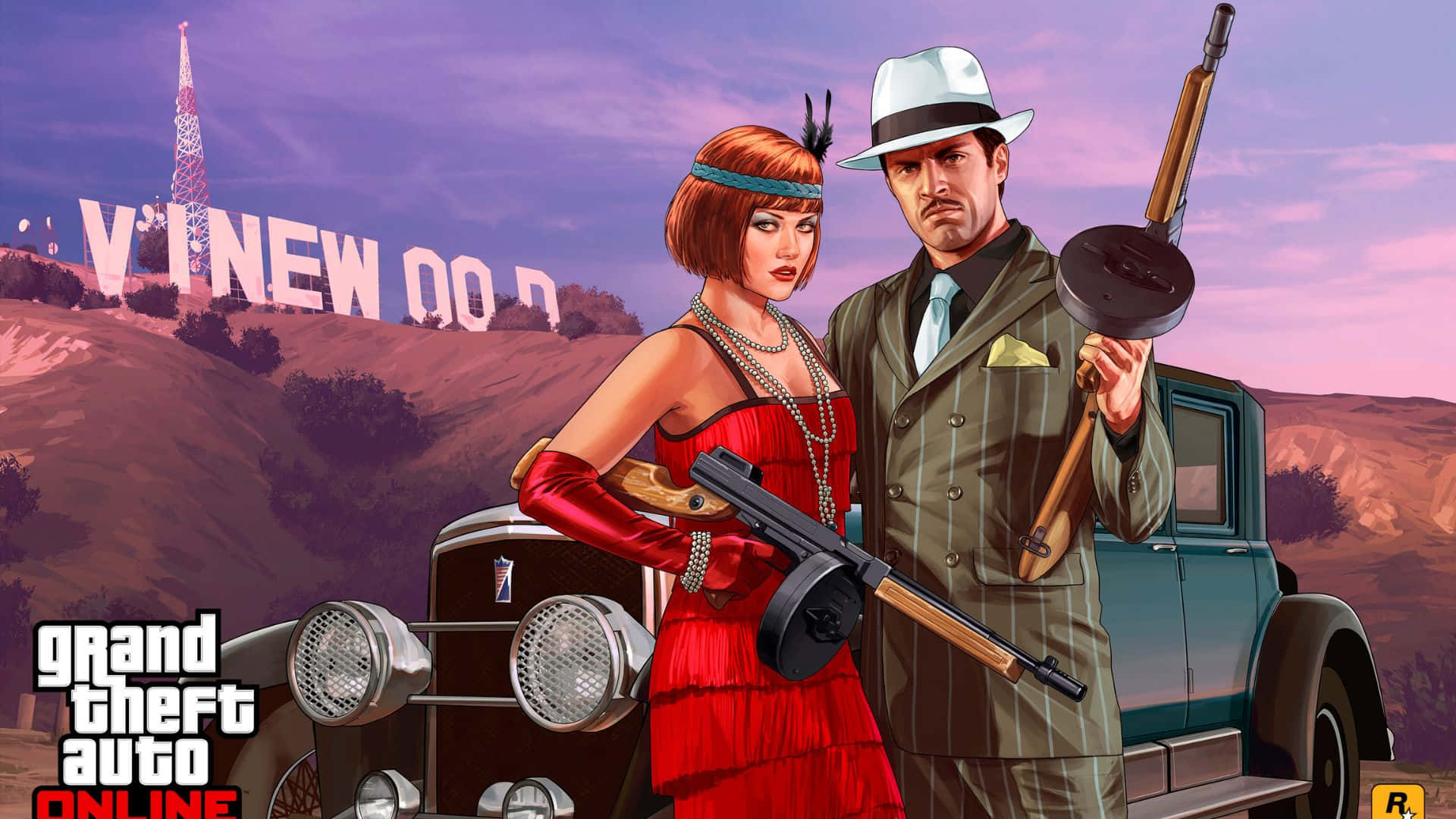 GTA V - 情人節限定皮膚：麥克與阿曼達 壁紙 — 一男一女穿著1920年代服裝，站在一輛老爺車旁，手持武器，背景是荷里活標誌。