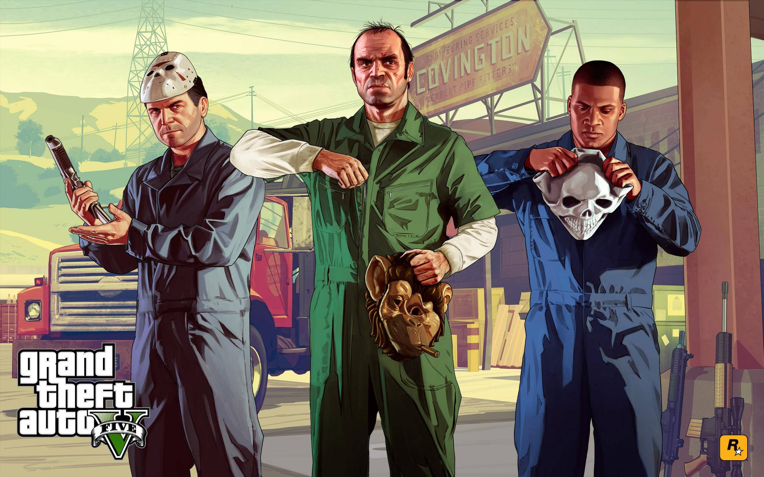 GTA V 戴面罩 壁紙 — 三名身穿連身工作服的男人站在車庫裡，在'Covington'標誌下拿著面具和武器。