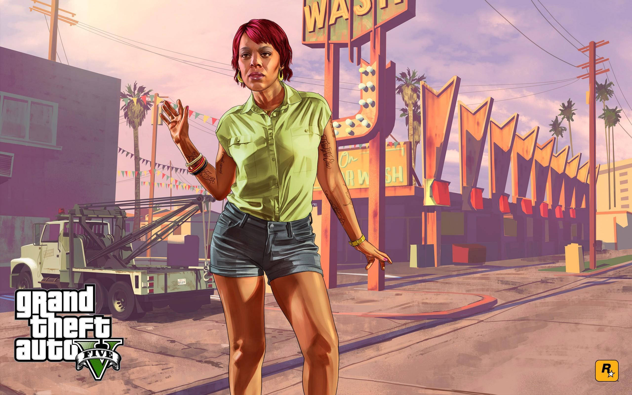 GTA V 托尼亞 壁紙 — 一位自信的紅髮女性站在一個風格化的城市環境中，霓虹燈照亮的洗車場前。