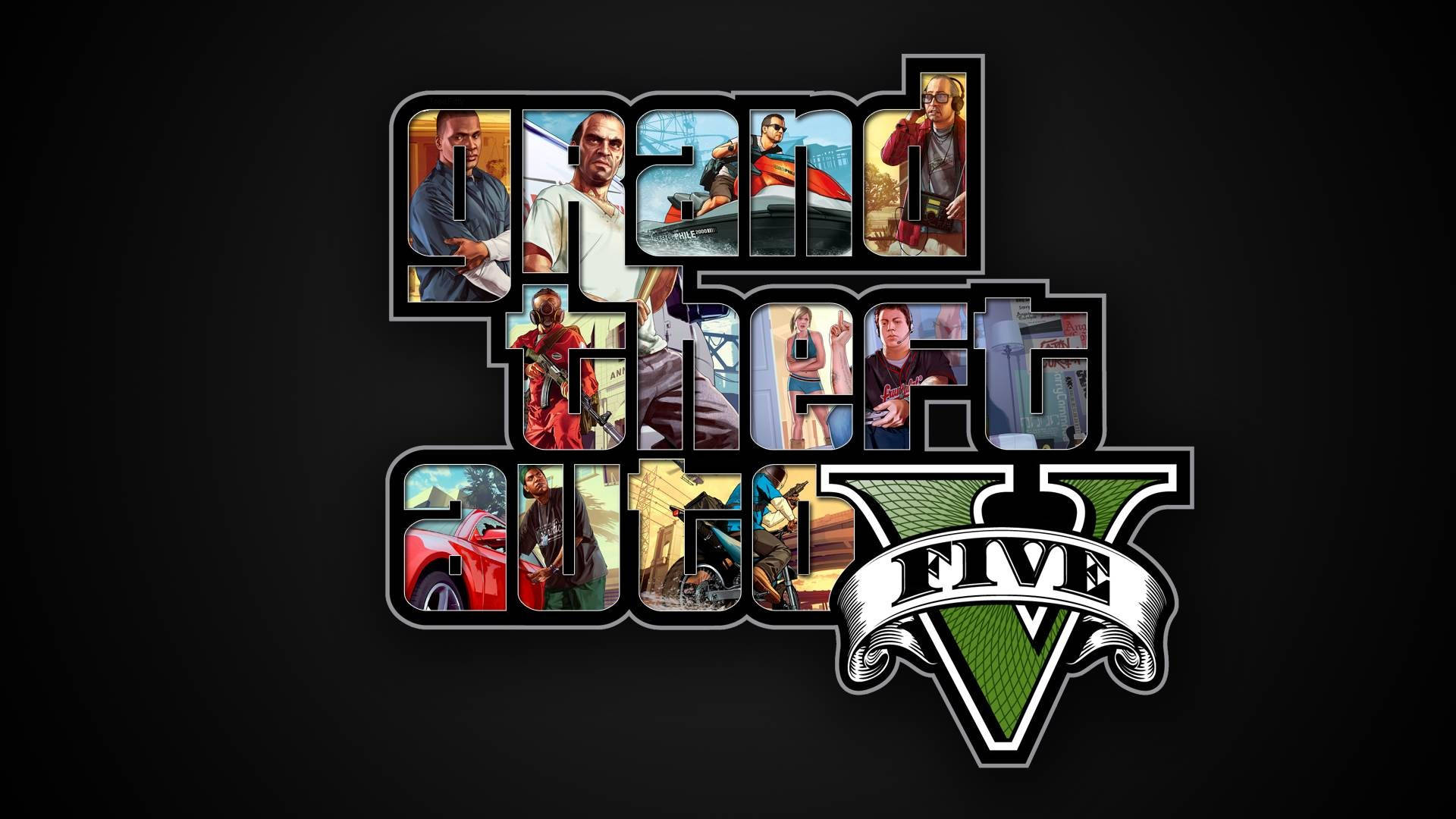 Grand Theft Auto V 遊戲標誌，字母中帶有角色肖像。