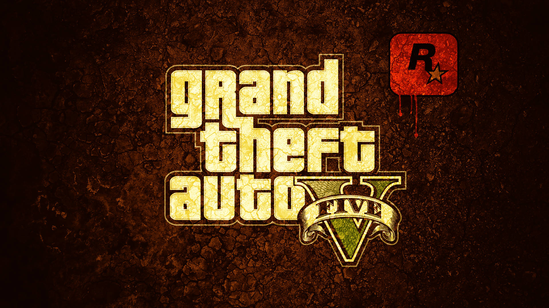 GTA V 標誌於棕色背景 壁紙 — Grand Theft Auto V 標誌以破裂的黃色文字呈現在粗糙的棕色牆壁上，帶有紅色Rockstar Games標誌滲出紅色油漆。