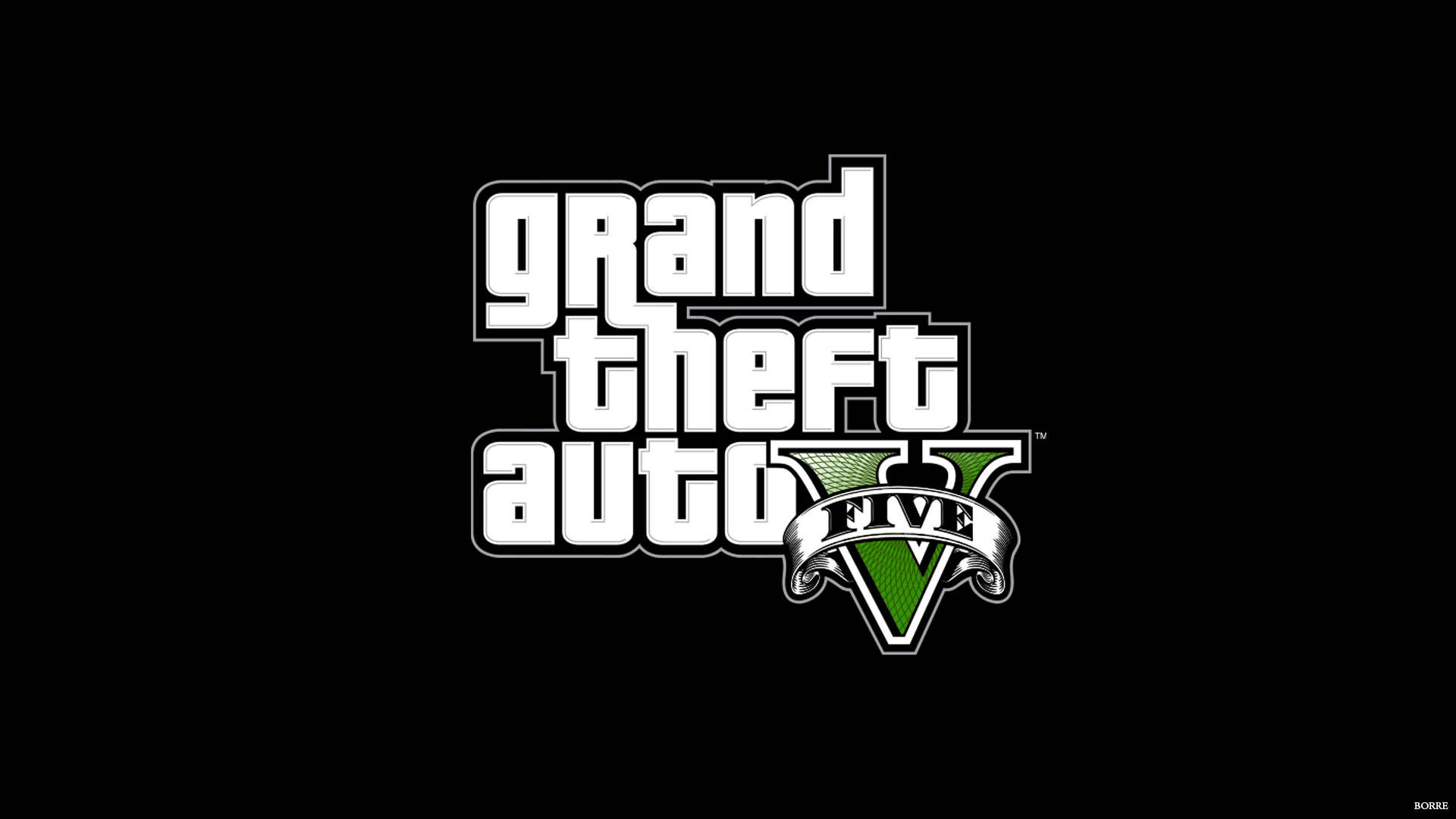 GTA V 標誌於黑色背景 壁紙 — Grand Theft Auto V 標誌以粗體白色和綠色文字居中顯示在純黑色背景上。