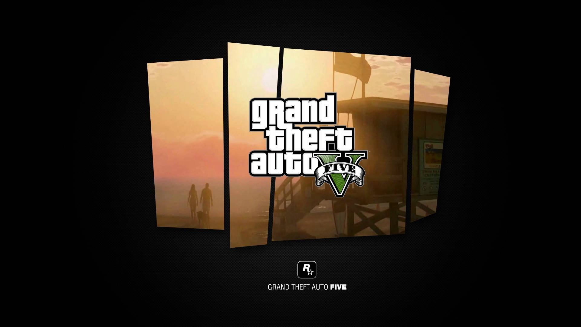 GTA V 海灘救生員崗亭 壁紙 — Grand Theft Auto V 標誌顯示在碎片化的面板上，背景為深色，帶有日落剪影。