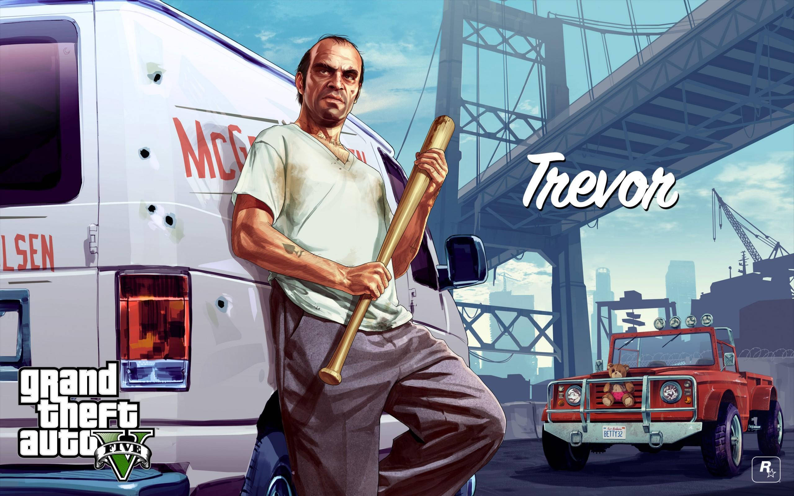 GTA V 特雷弗海報 壁紙 — 《Grand Theft Auto V》中的Trevor靠在一輛貨車旁，手持棒球棍，身處橋底，附近有一輛紅色卡車。