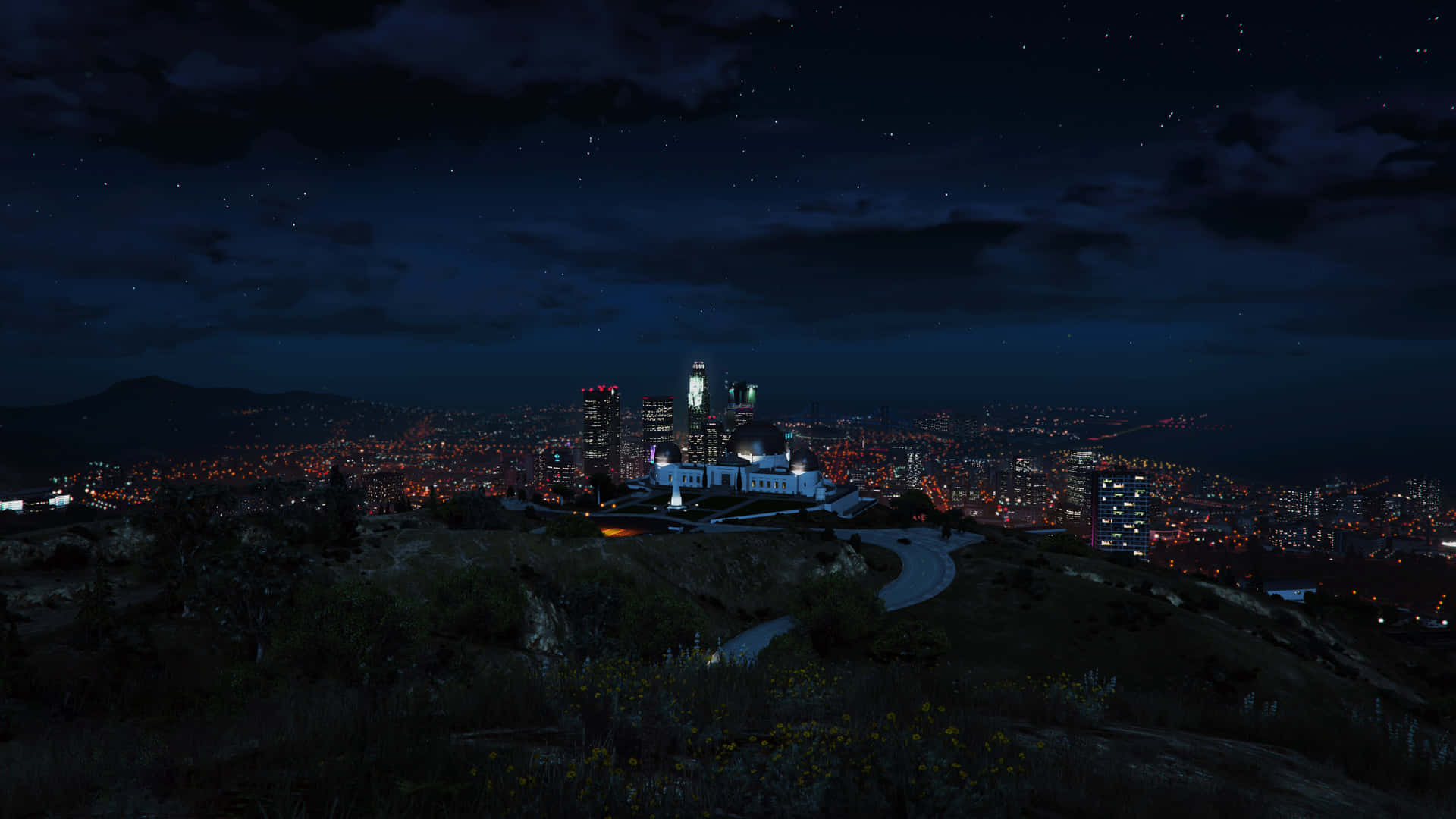 從山坡上俯瞰的夜景城市景觀，帶有發光的燈光和星空。
