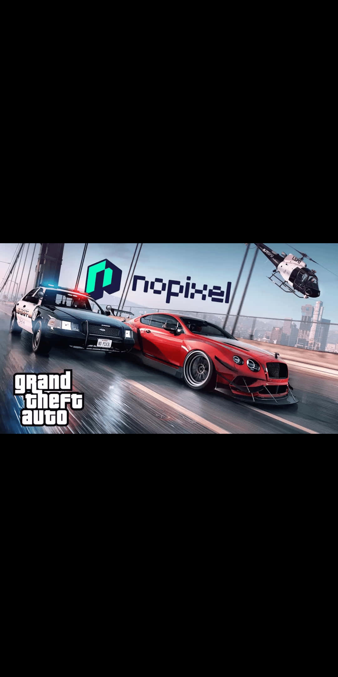 《GTA V》絢麗遊戲藝術在 Pixel 3 上閃耀 壁紙 — 一輛紅色跑車在濕滑的城市橋上與警車競速，直升機在上空盤旋，這是GTA遊戲場景。