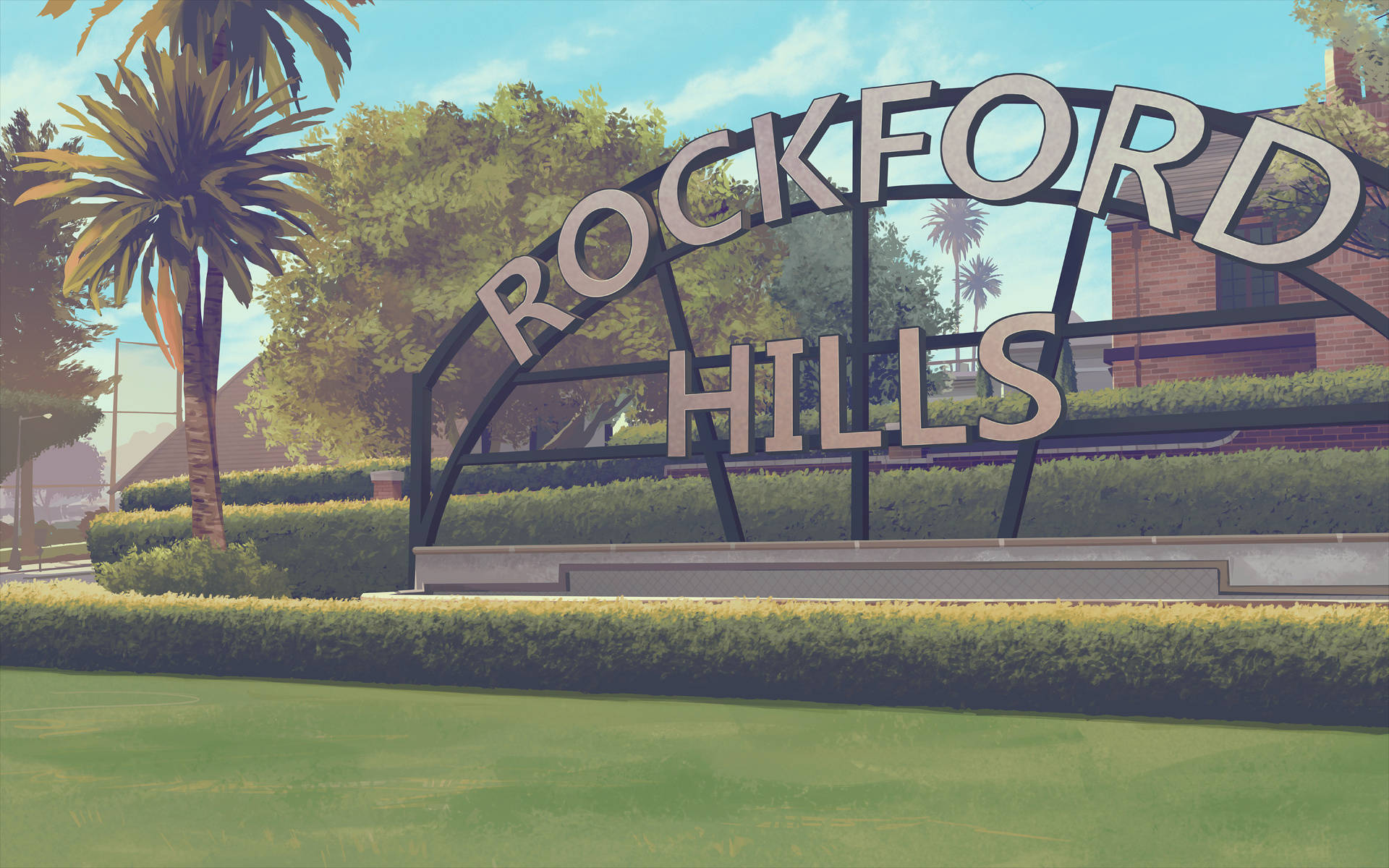 GTA V 羅克福德山區 壁紙 — 一個大型拱形標誌，上面寫著「ROCKFORD HILLS」，矗立在一個修剪整齊的公園中，周圍有棕櫚樹和綠色籬笆，上方是明亮的藍天。