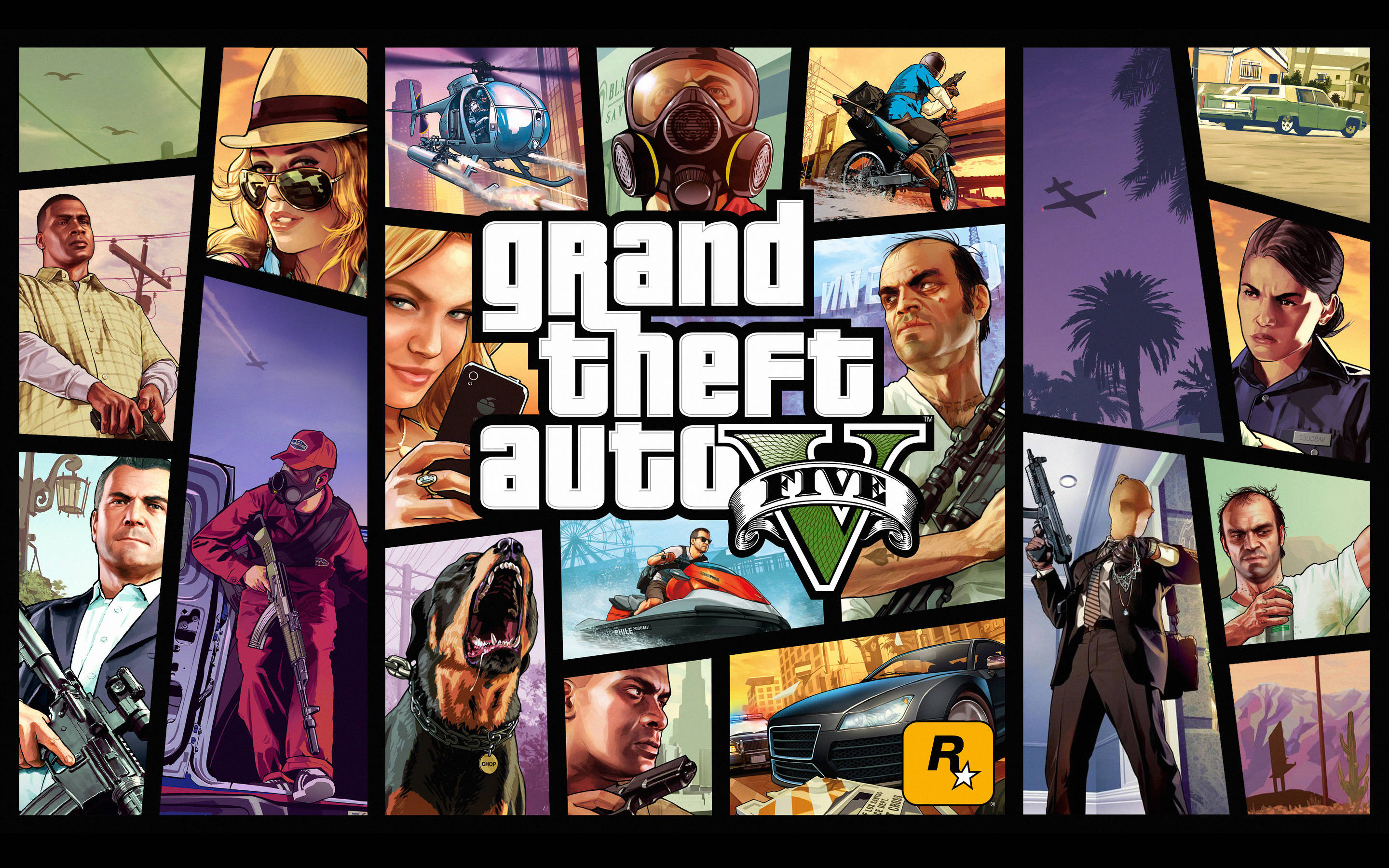 GTA V 著名角色拼貼畫 壁紙 — 一幅充滿活力的拼貼畫，展示了《俠盜獵車手V》中的角色和車輛，背景是風格化的城市景觀。