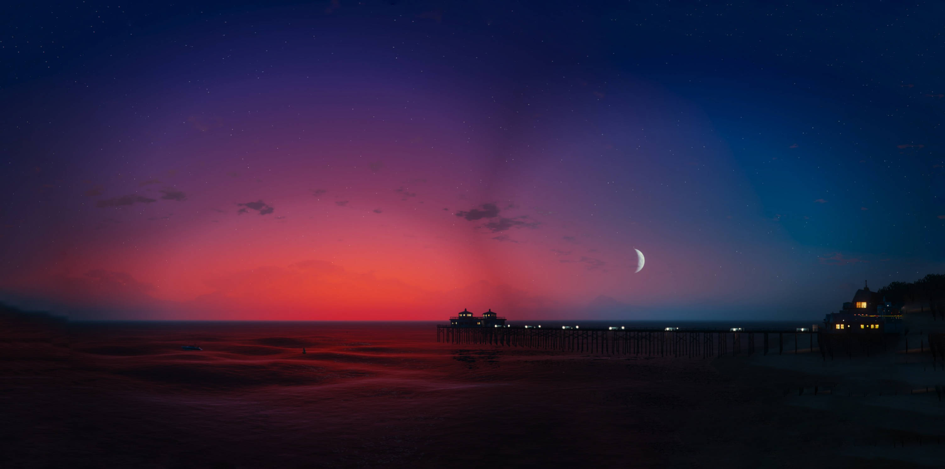GTA V 薇斯普奇海灘夜景 壁紙 — 寧靜的黃昏海灘場景，有充滿活力的粉紅色和紫色天空、新月和延伸到平靜海洋的燈光碼頭。