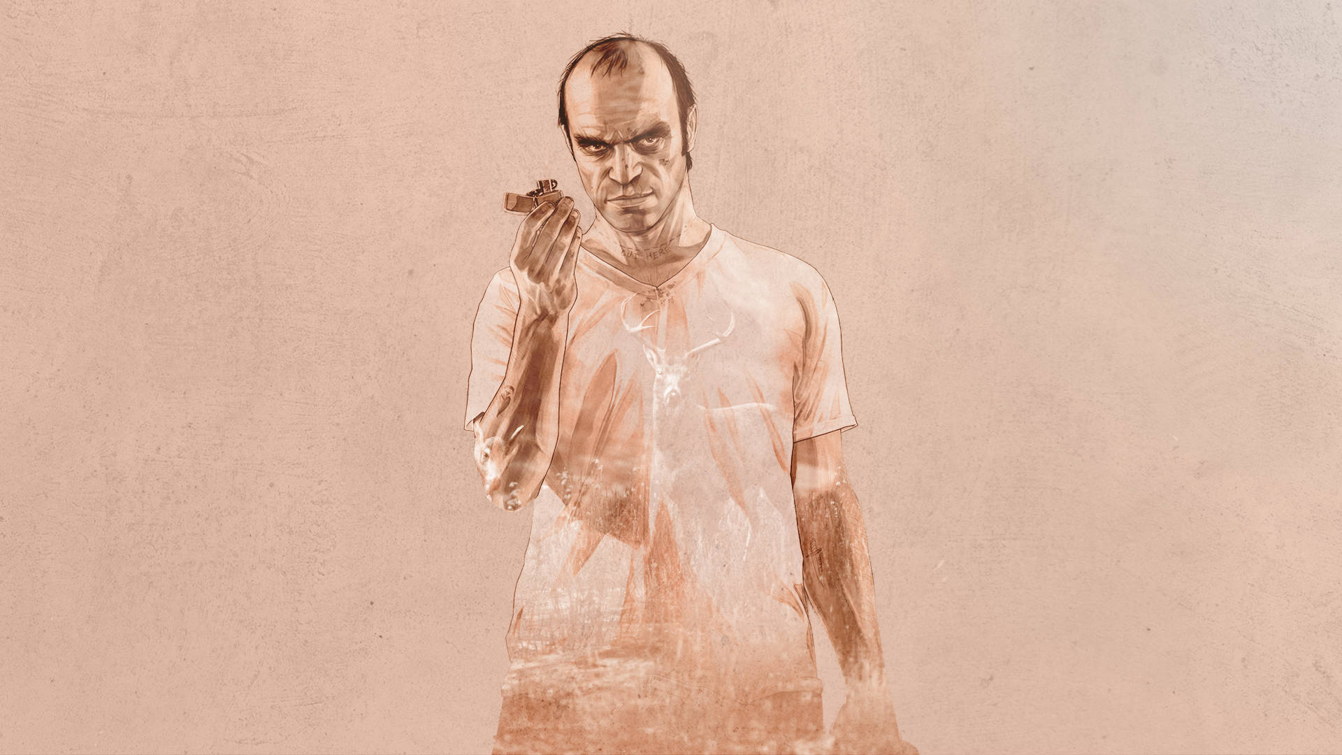 GTA V 蜜桃特雷弗 壁紙 — 一幅風格化的數碼插圖，描繪一名表情嚴肅的男子，在帶有紋理的米色背景前手持手槍。