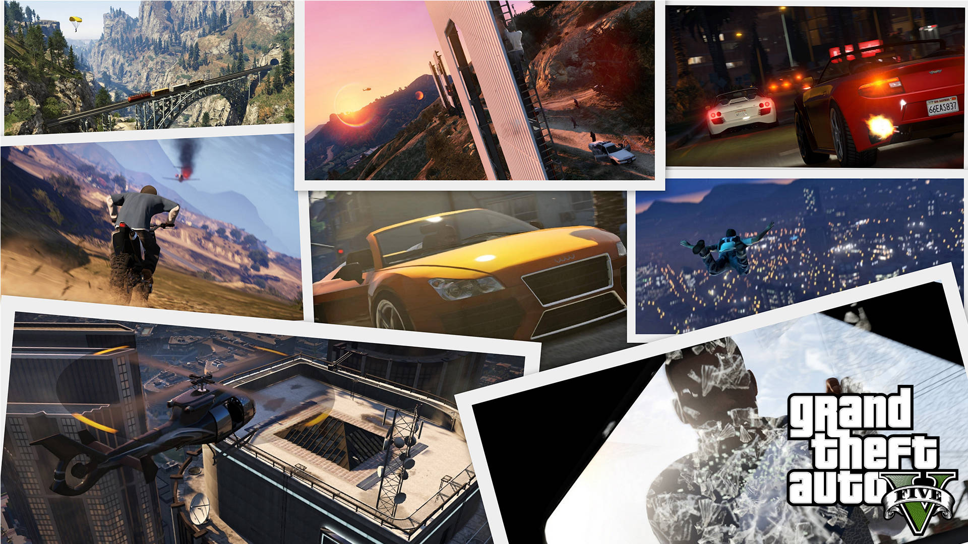 GTA V 行動拼貼畫 壁紙 — 一幅動感十足的Grand Theft Auto V場景拼貼畫，包含汽車、直升機和角色，背景為日落時分的城市和山區。