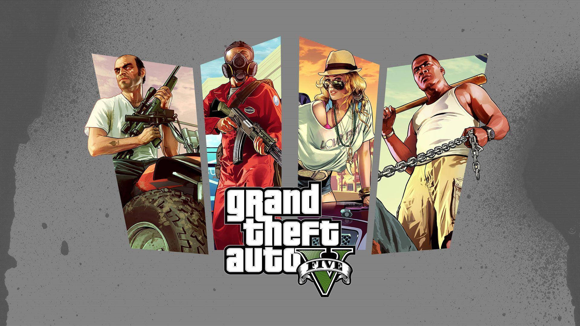 GTA V 角色灰底合輯 壁紙 — 四個來自《俠盜獵車手V》的風格化角色，手持武器和車輛，在粗糙的灰色背景前擺姿勢。