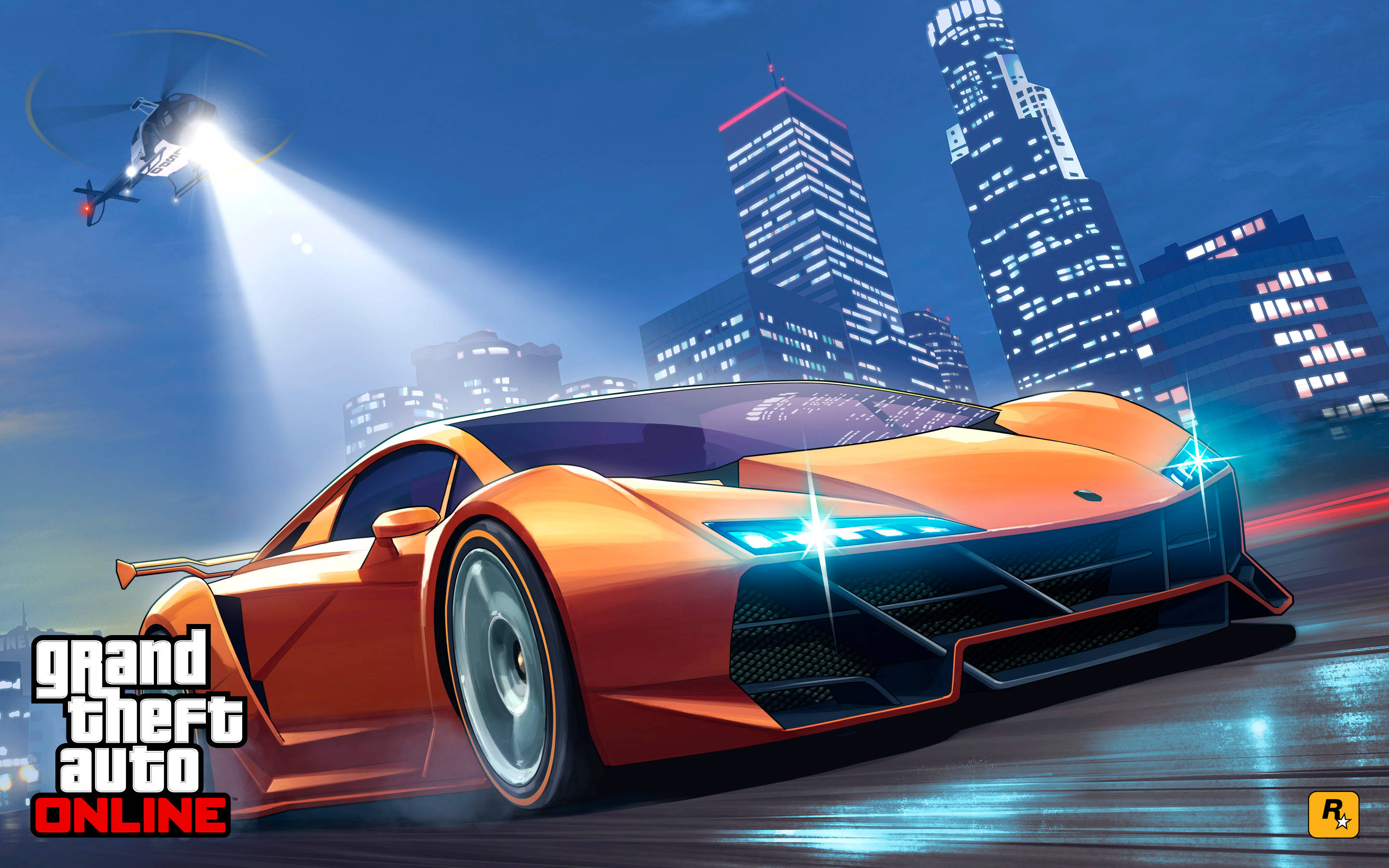 GTA V 警用直升機追光 壁紙 — 一輛火橙色的跑車在夜晚穿過霓虹燈閃爍的城市，直升機照亮了場景。