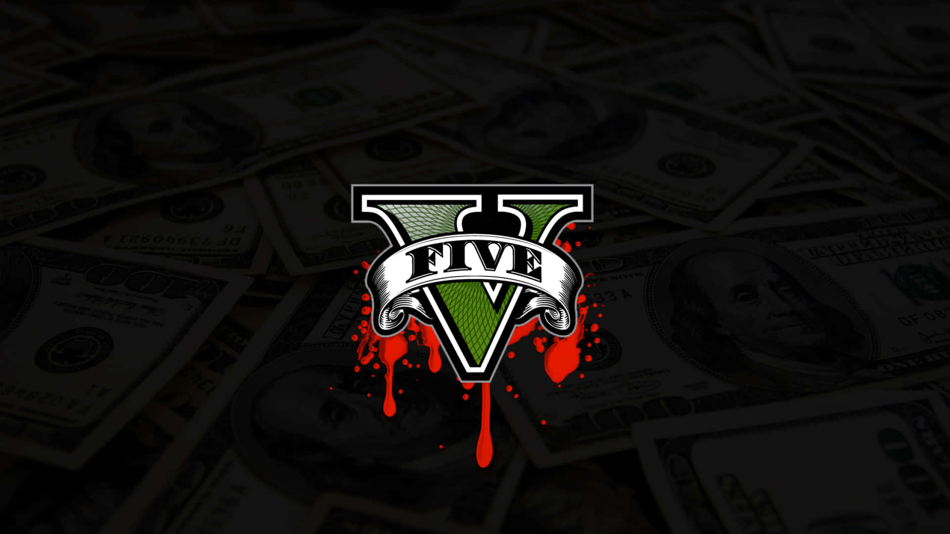 GTA V 標誌，血液滴在散落的百元鈔票上。