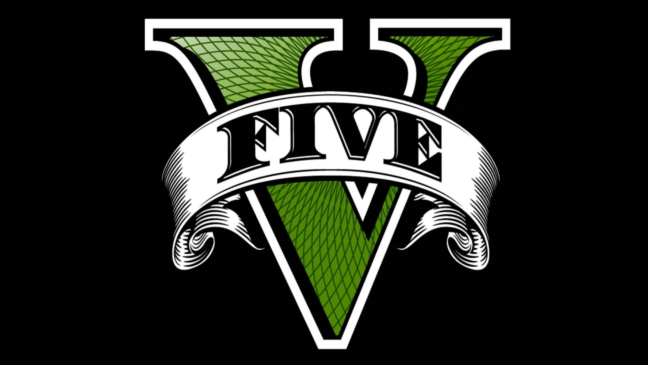 GTA V 遊戲標誌 壁紙 — 黑色背景上大膽的綠色和白色「V」標誌及「FIVE」橫幅。