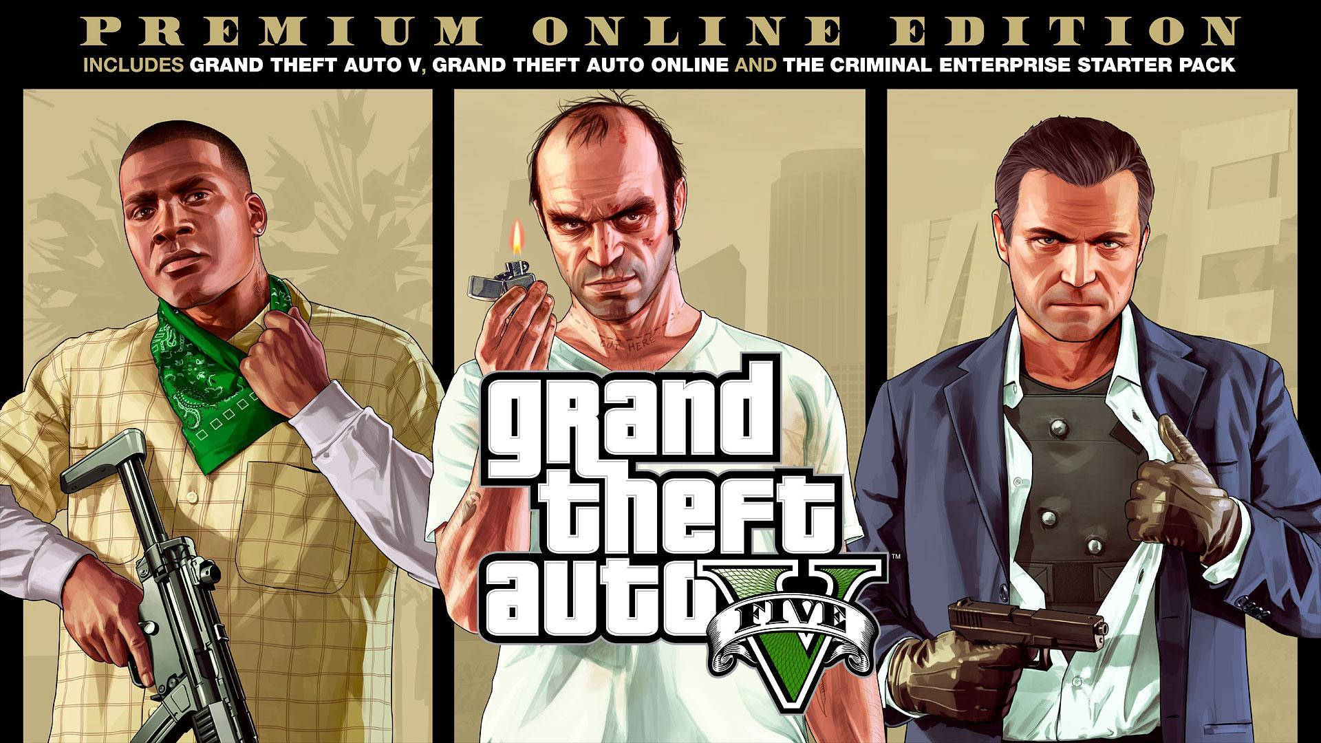 GTA V 高級線上版 壁紙 — 三個粗獷的GTA V主角站在三聯畫中，每個都武裝且神情強烈，背景是風格化的城市景觀。
