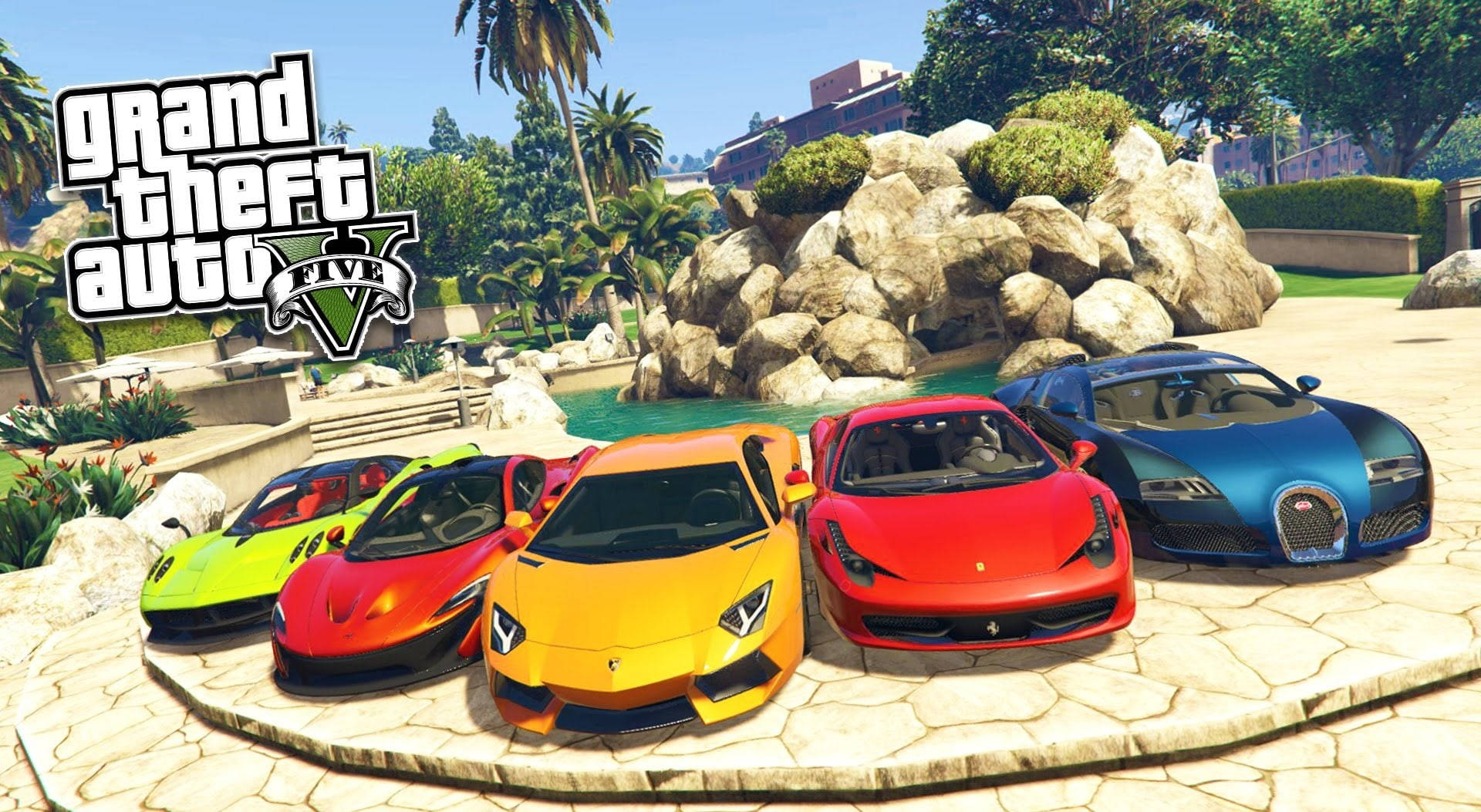 GTA V 高速豪華跑車 壁紙 — 五輛充滿活力的超級跑車停泊在陽光普照的熱帶環境中的石頭露台上，旁邊有一個游泳池，並帶有《俠盜獵車手V》標誌。