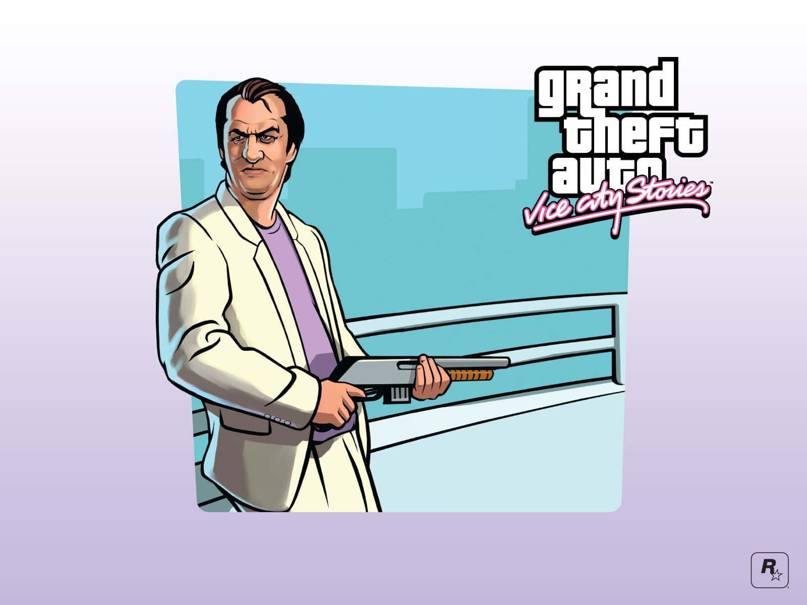 在GTA Vice City Stories遊戲藝術中，穿著米色西裝的男人手持獵槍。